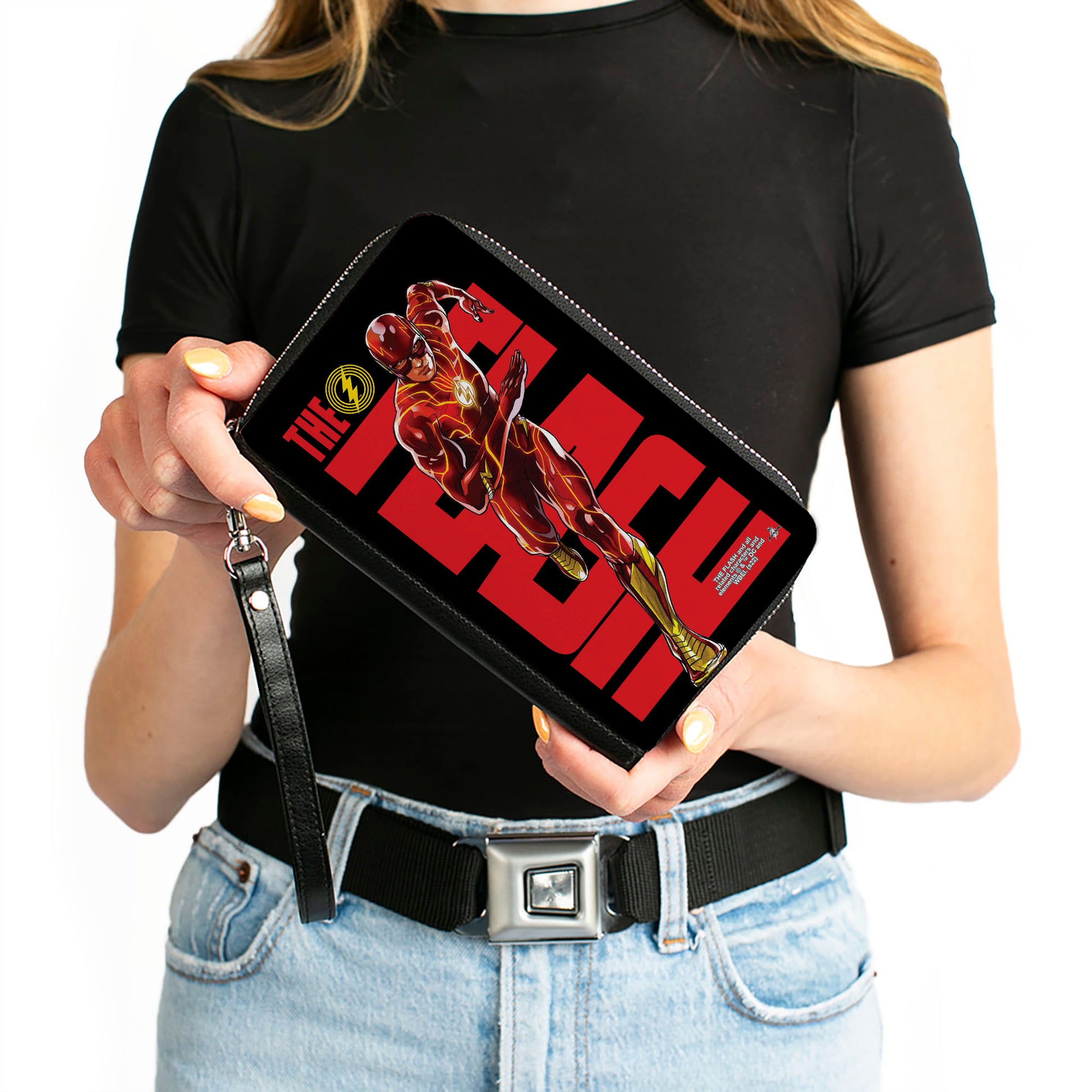 PU Zip Around Wallet Rectangle - THE FLASH Title and Running Action Pose Black/Red/Yellow Clutch Zip Around Wallets DC Comics   