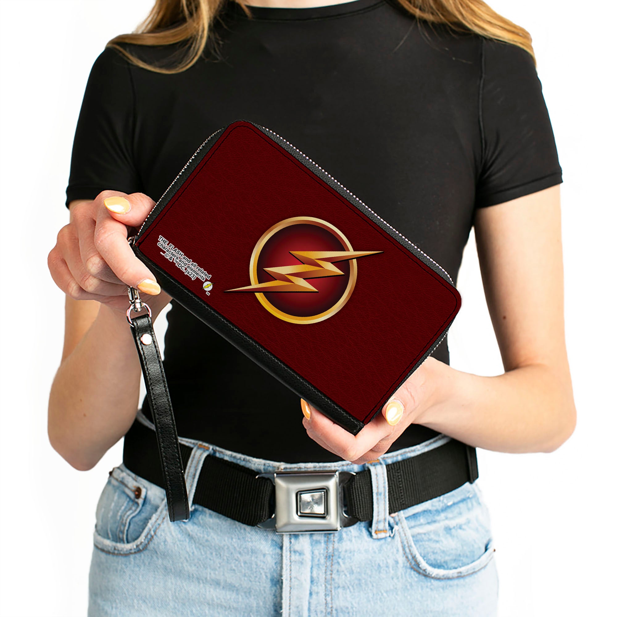 PU Zip Around Wallet Rectangle - The Flash Logo5 Burgundy/Golds Clutch Zip Around Wallets DC Comics   