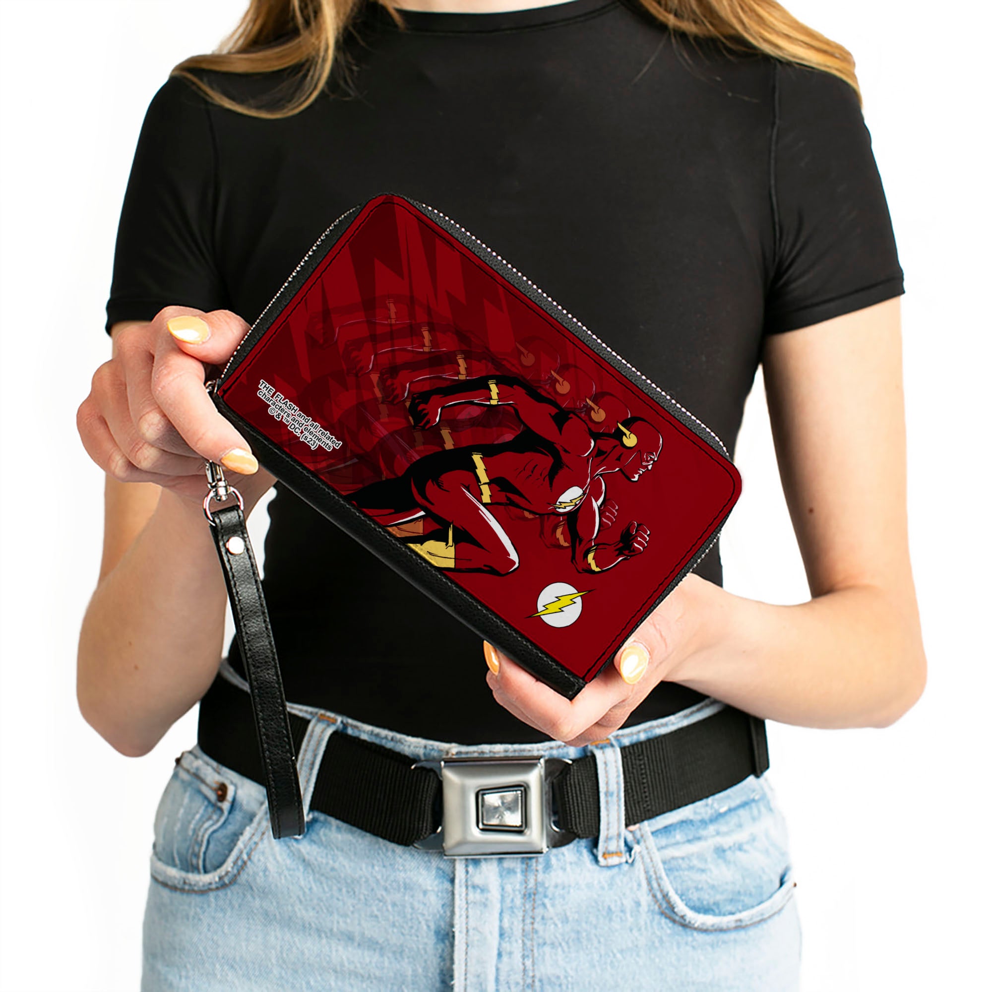 PU Zip Around Wallet Rectangle - The Flash Running Pose and Bolt Trails Reds Clutch Zip Around Wallets DC Comics   