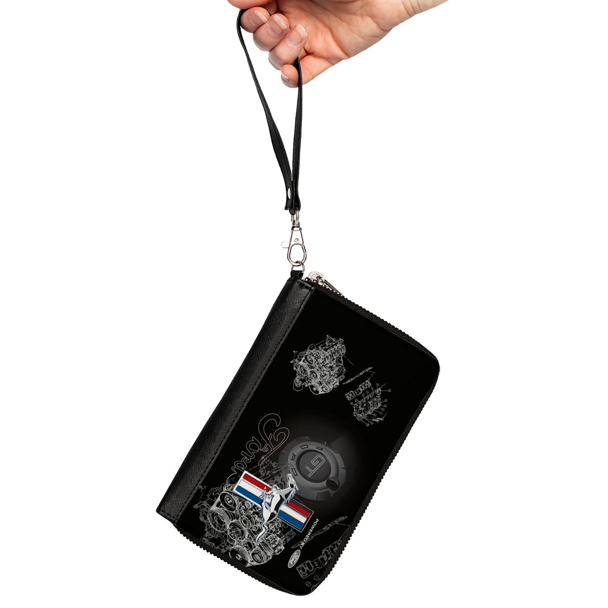 PU Zip Around Wallet Rectangle - Mustang Tri-Bar Stripe/GT Motor Blueprint Clutch Zip Around Wallets Ford   