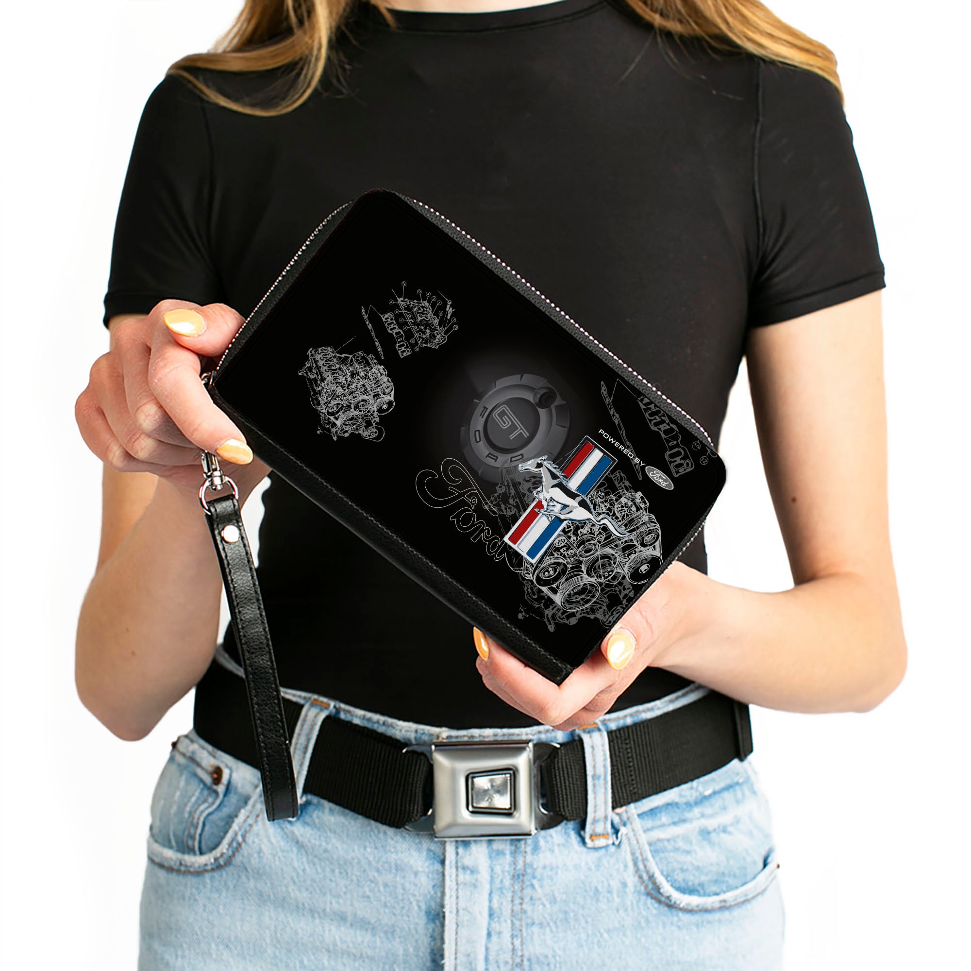 PU Zip Around Wallet Rectangle - Mustang Tri-Bar Stripe/GT Motor Blueprint Clutch Zip Around Wallets Ford   