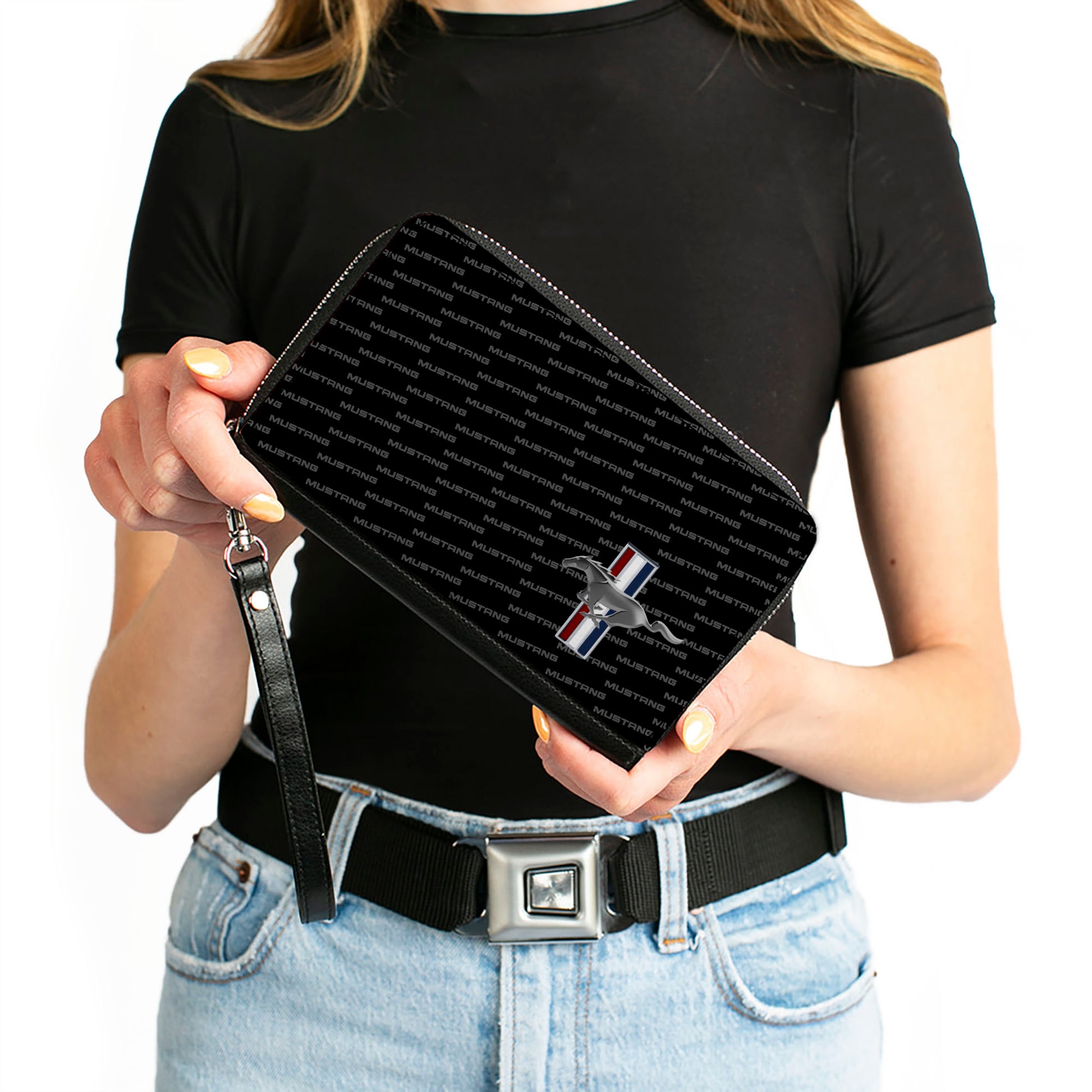 PU Zip Around Wallet Rectangle - Ford Mustang w/Bars CORNER w/Text Black Clutch Zip Around Wallets Ford   