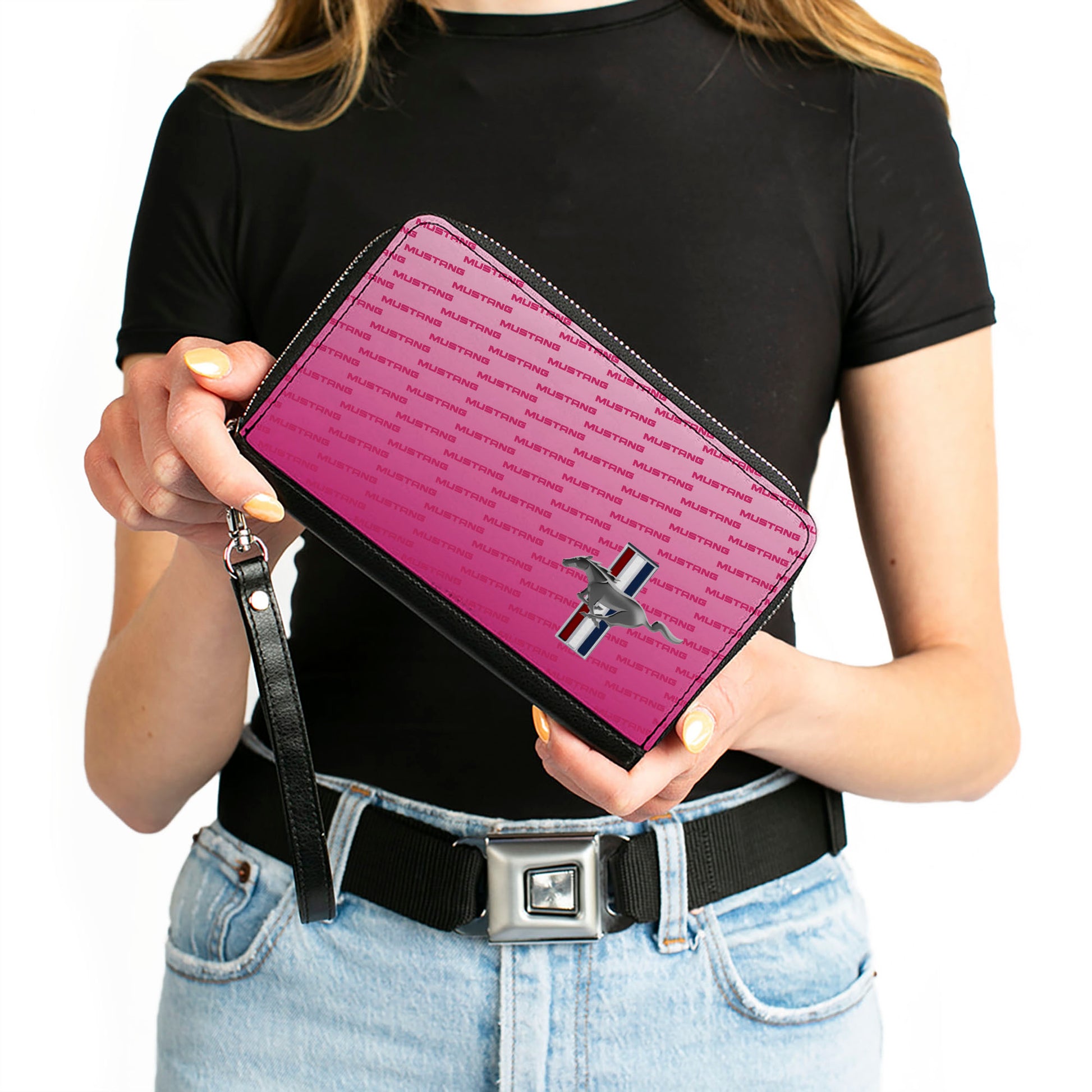 PU Zip Around Wallet Rectangle - Ford Mustang w/Bars CORNER w/Text Pinks Clutch Zip Around Wallets Ford   