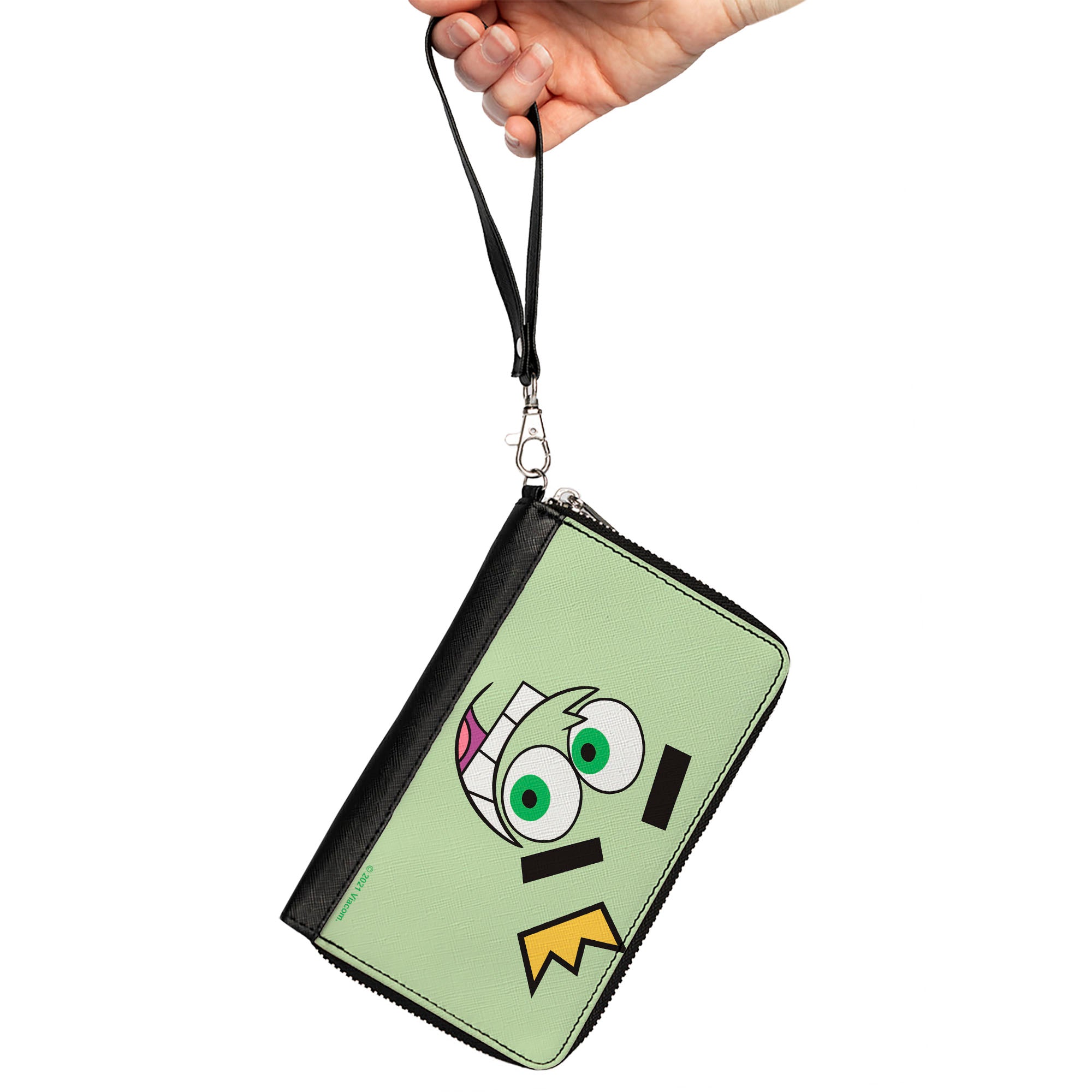 PU Zip Around Wallet Rectangle - The Fairly OddParents Cosmo Face Expression CLOSE-UP Green Clutch Zip Around Wallets The Fairly OddParents