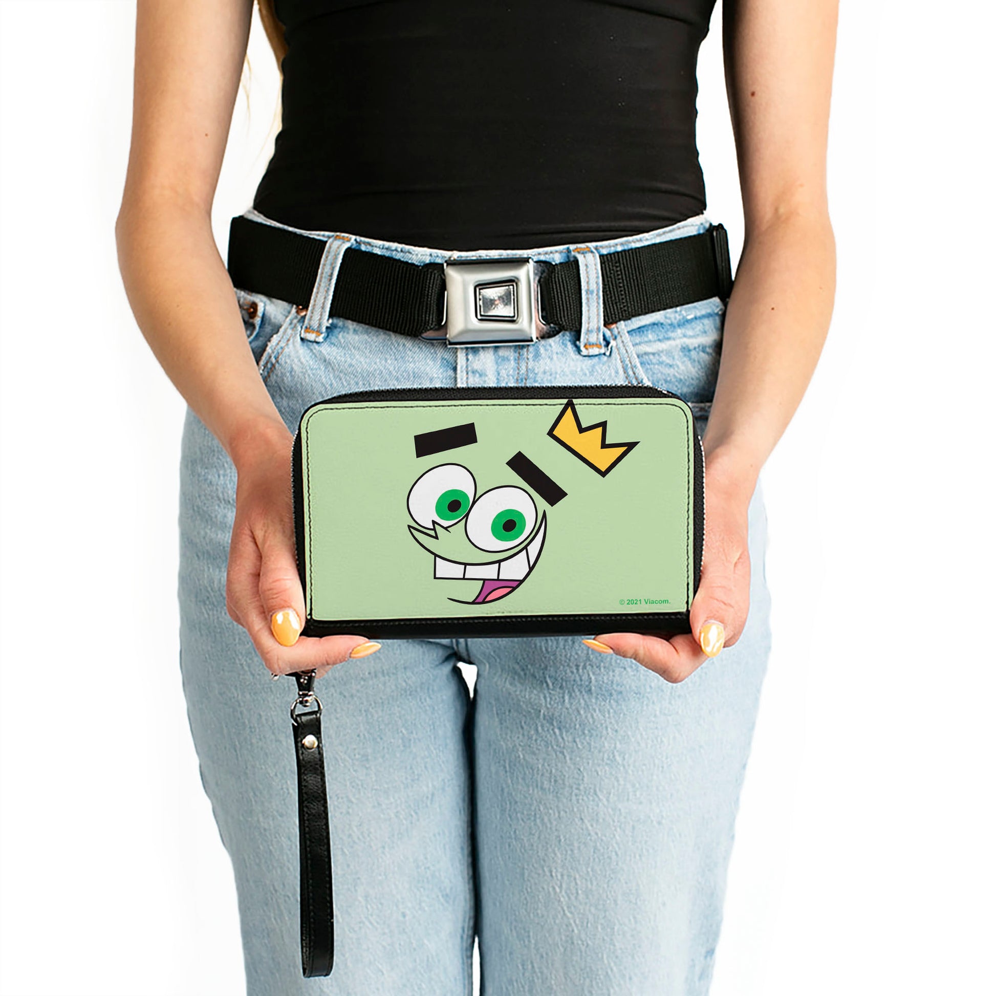 PU Zip Around Wallet Rectangle - The Fairly OddParents Cosmo Face Expression CLOSE-UP Green Clutch Zip Around Wallets The Fairly OddParents