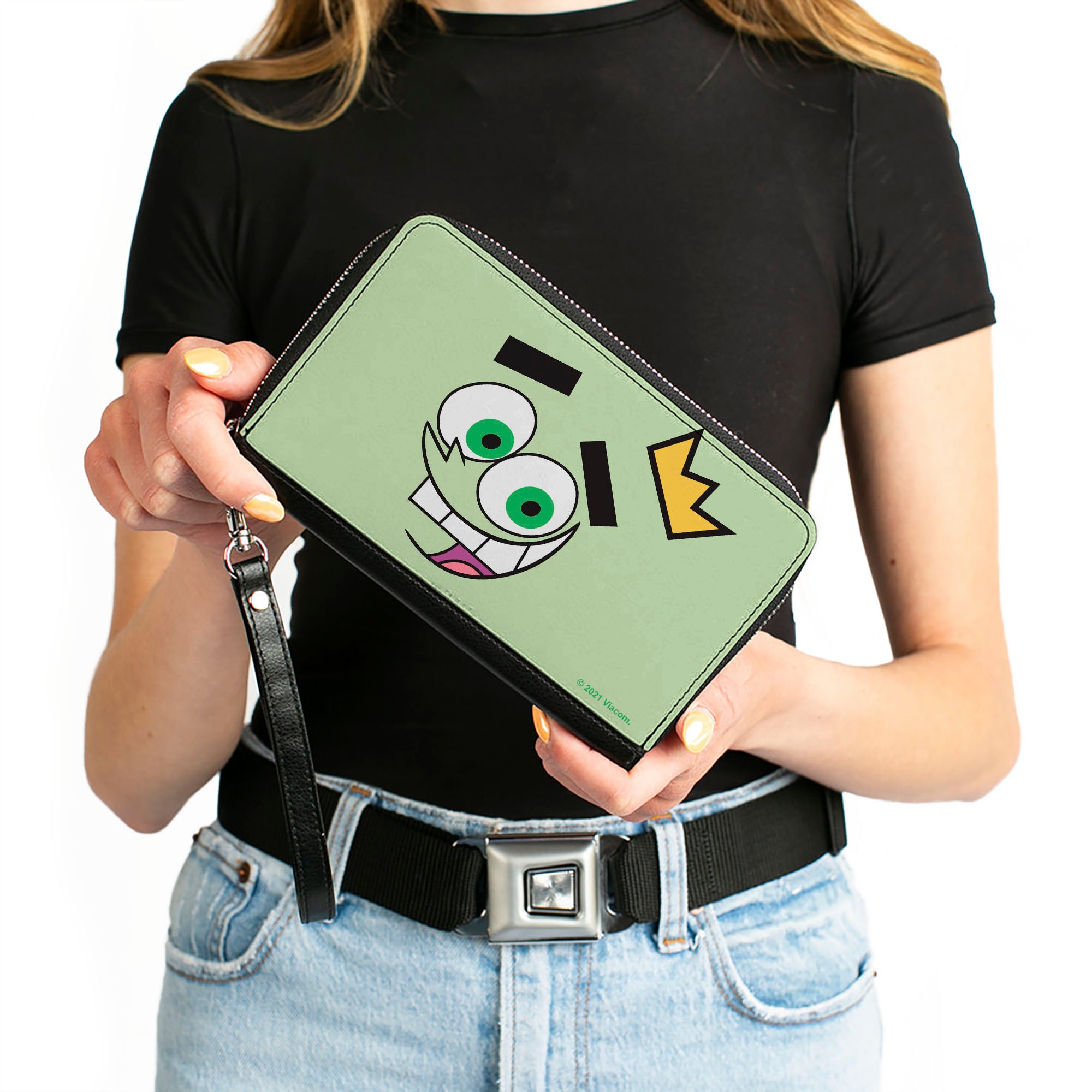 PU Zip Around Wallet Rectangle - The Fairly OddParents Cosmo Face Expression CLOSE-UP Green Clutch Zip Around Wallets The Fairly OddParents
