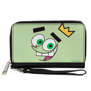 PU Zip Around Wallet Rectangle - The Fairly OddParents Cosmo Face Expression CLOSE-UP Green Clutch Zip Around Wallets The Fairly OddParents