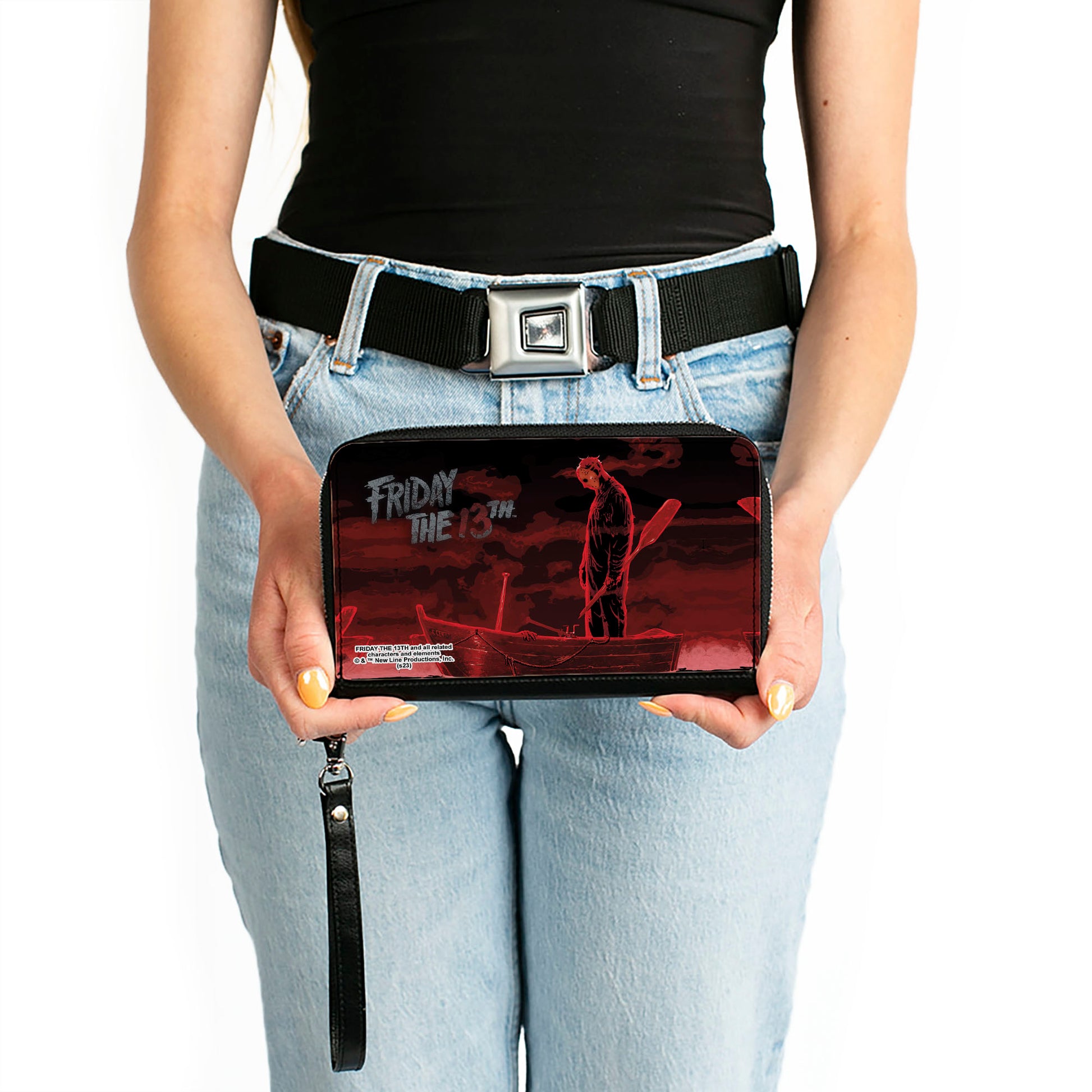 PU Zip Around Wallet Rectangle - FRIDAY THE 13TH Jason Boat Scene Black/Reds/White Clutch Zip Around Wallets Friday the 13th