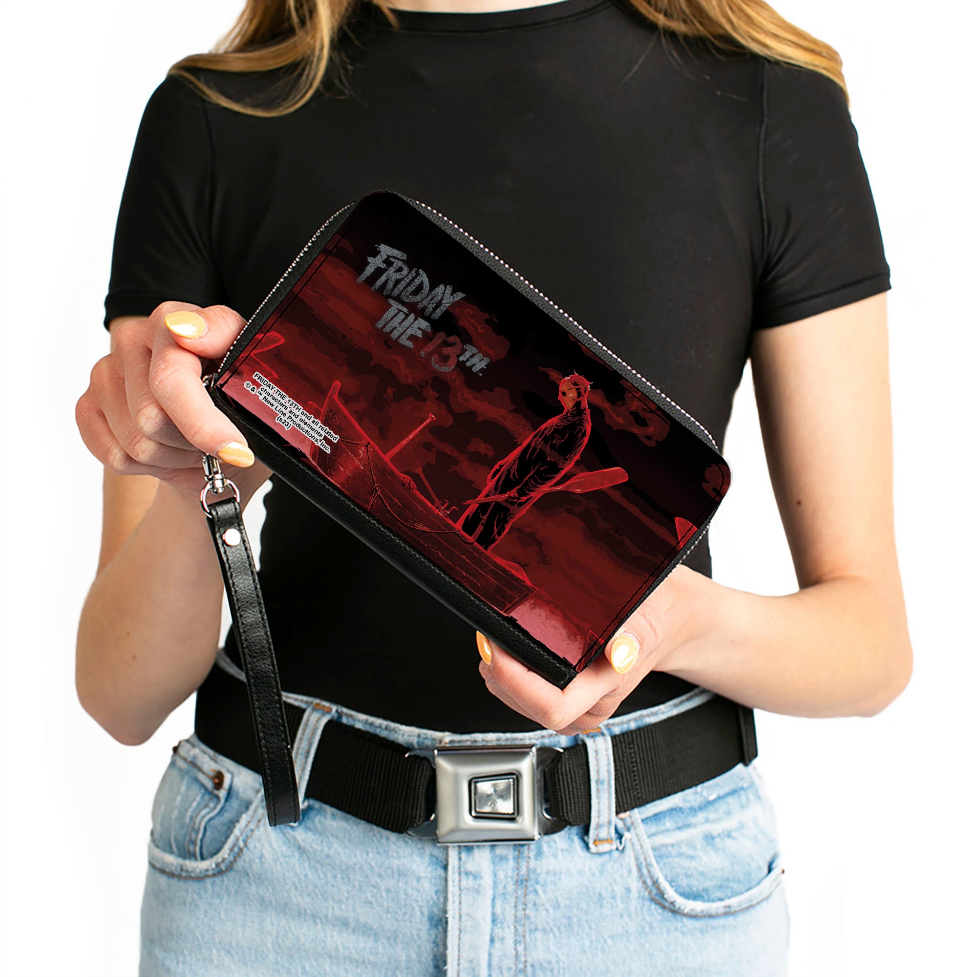 PU Zip Around Wallet Rectangle - FRIDAY THE 13TH Jason Boat Scene Black/Reds/White Clutch Zip Around Wallets Friday the 13th