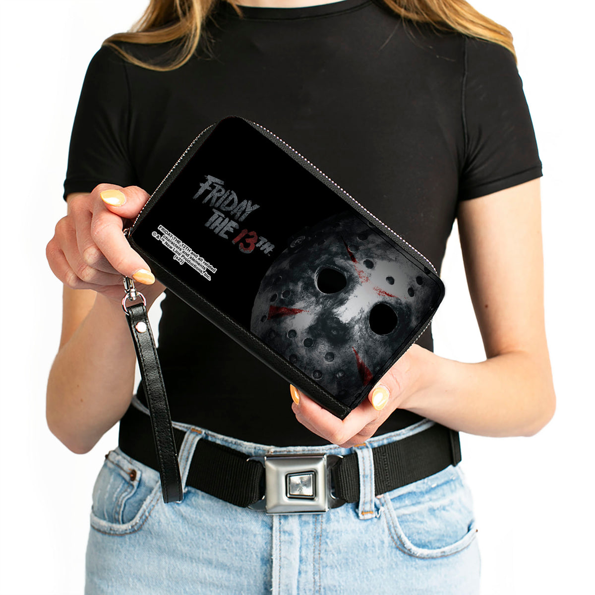 PU Zip Around Wallet Rectangle - FRIDAY THE 13th Jason Mask3 CLOSE-UP Grays Clutch Zip Around Wallets Friday the 13th