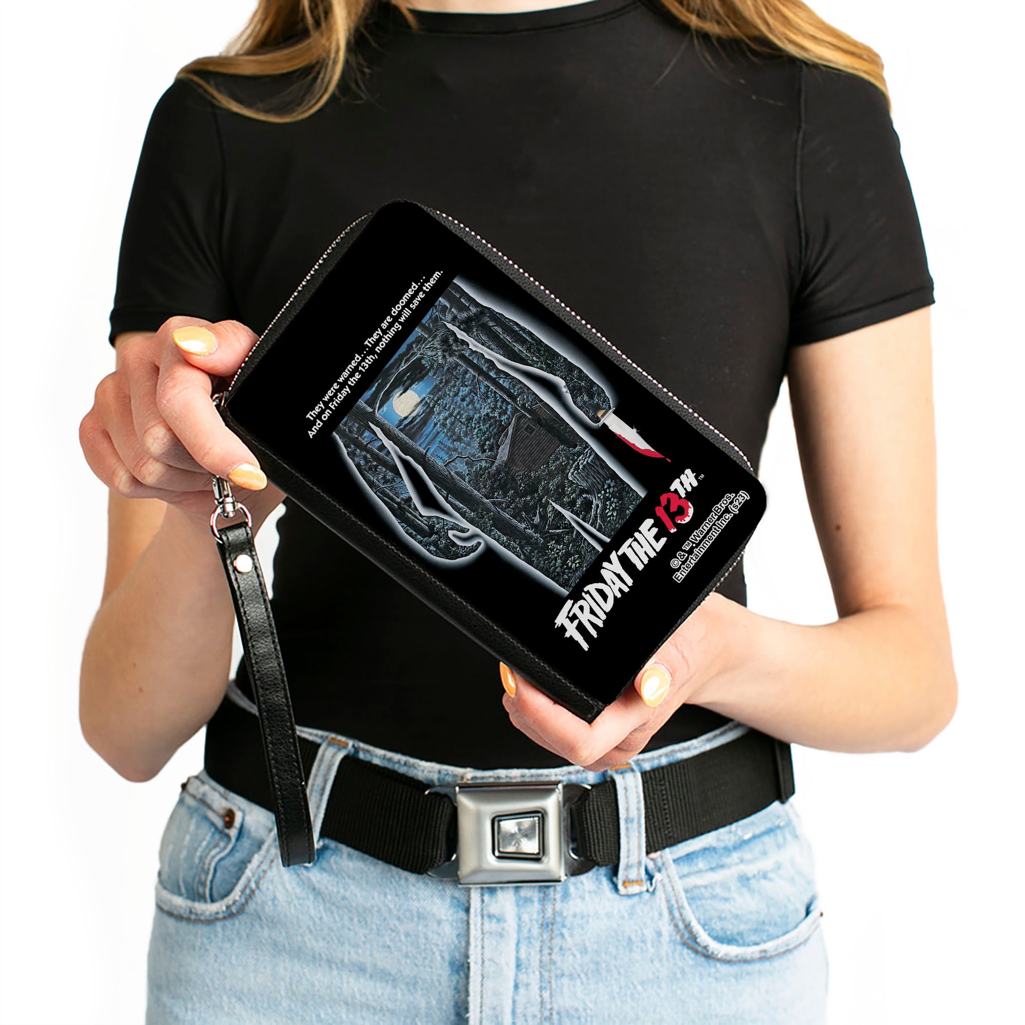 PU Zip Around Wallet Rectangle - FRIDAY THE 13TH Jason Crystal Lake Cabin Silhouette Movie Pose Clutch Zip Around Wallets Friday the 13th