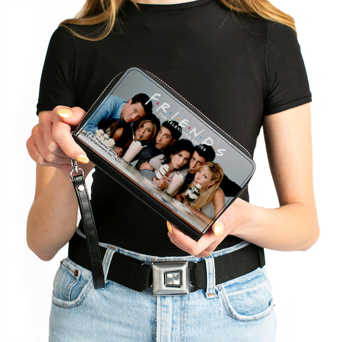 PU Zip Around Wallet Rectangle - FRIENDS 6-Character Milk Shake Pose and Title Logo Vivid/White Clutch Zip Around Wallets Friends
