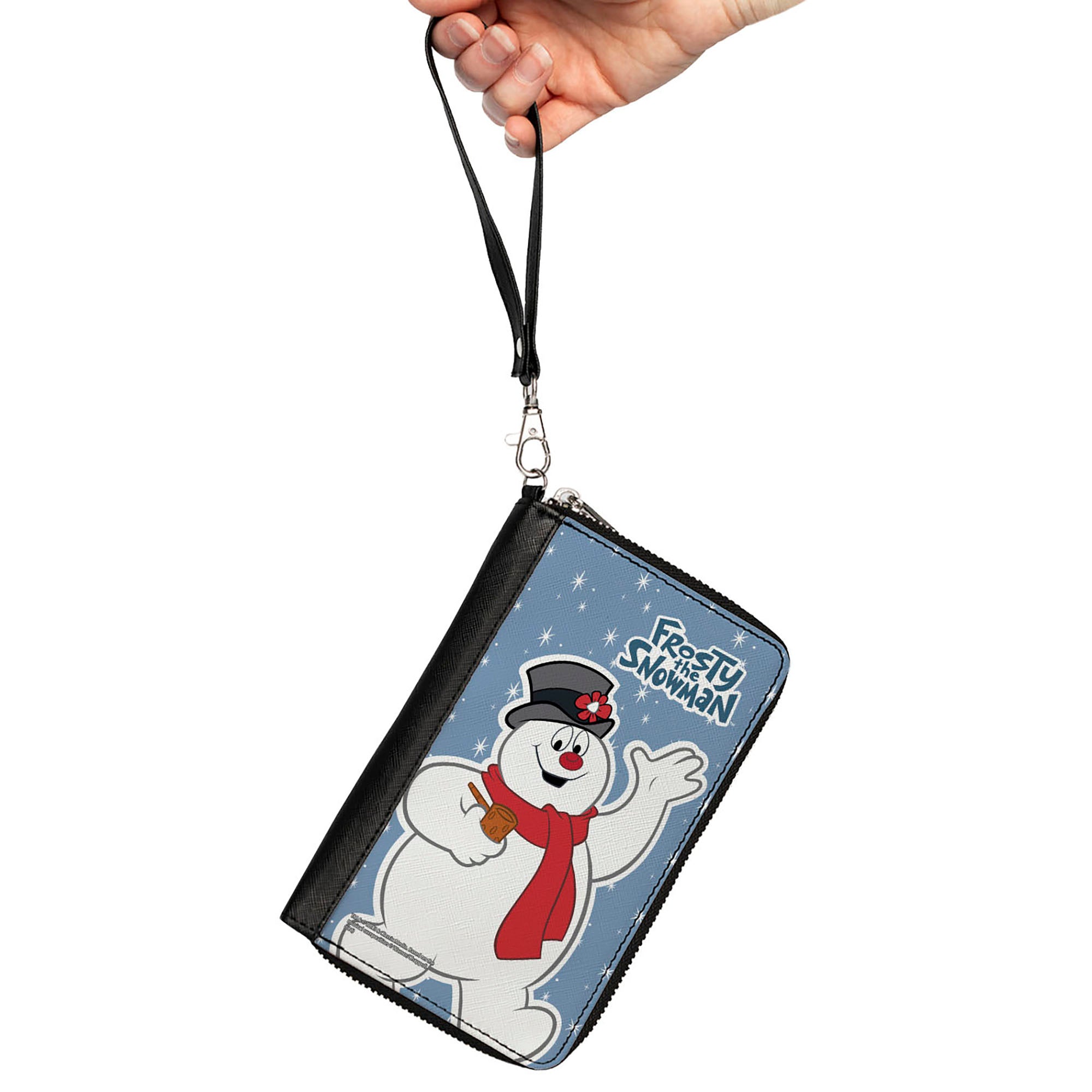 Women's PU Zip Around Wallet Rectangle - FROSTY THE SNOWMAN Waving Pose Blue White Clutch Zip Around Wallets Frosty the Snowman