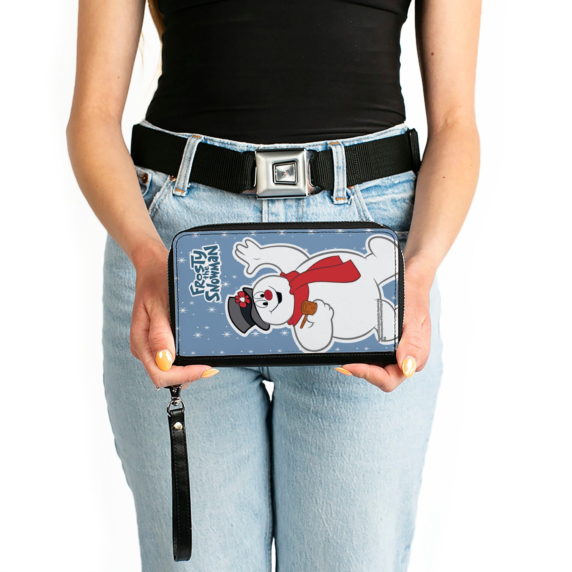 Women's PU Zip Around Wallet Rectangle - FROSTY THE SNOWMAN Waving Pose Blue White Clutch Zip Around Wallets Frosty the Snowman
