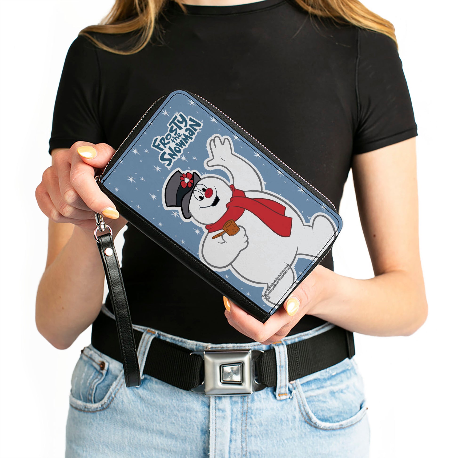 Women's PU Zip Around Wallet Rectangle - FROSTY THE SNOWMAN Waving Pose Blue White Clutch Zip Around Wallets Frosty the Snowman