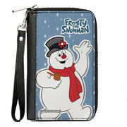 Women's PU Zip Around Wallet Rectangle - FROSTY THE SNOWMAN Waving Pose Blue White Clutch Zip Around Wallets Frosty the Snowman
