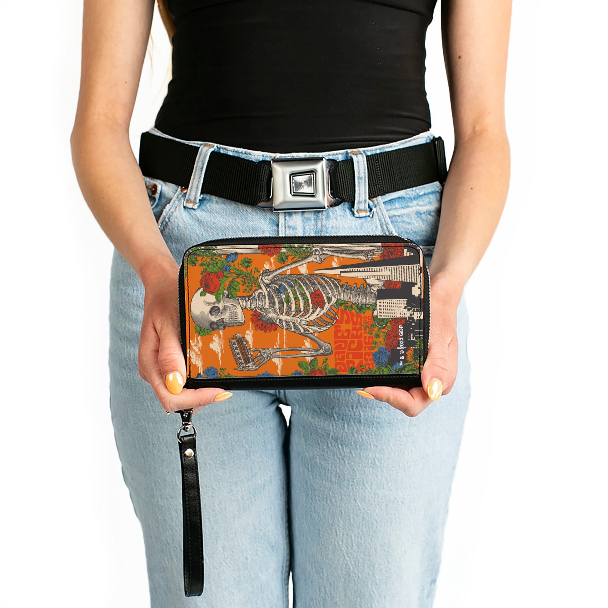 PU Zip Around Wallet Rectangle - Grateful Dead Dave's Picks Skull and Roses Cover Orange Clutch Zip Around Wallets Grateful Dead   
