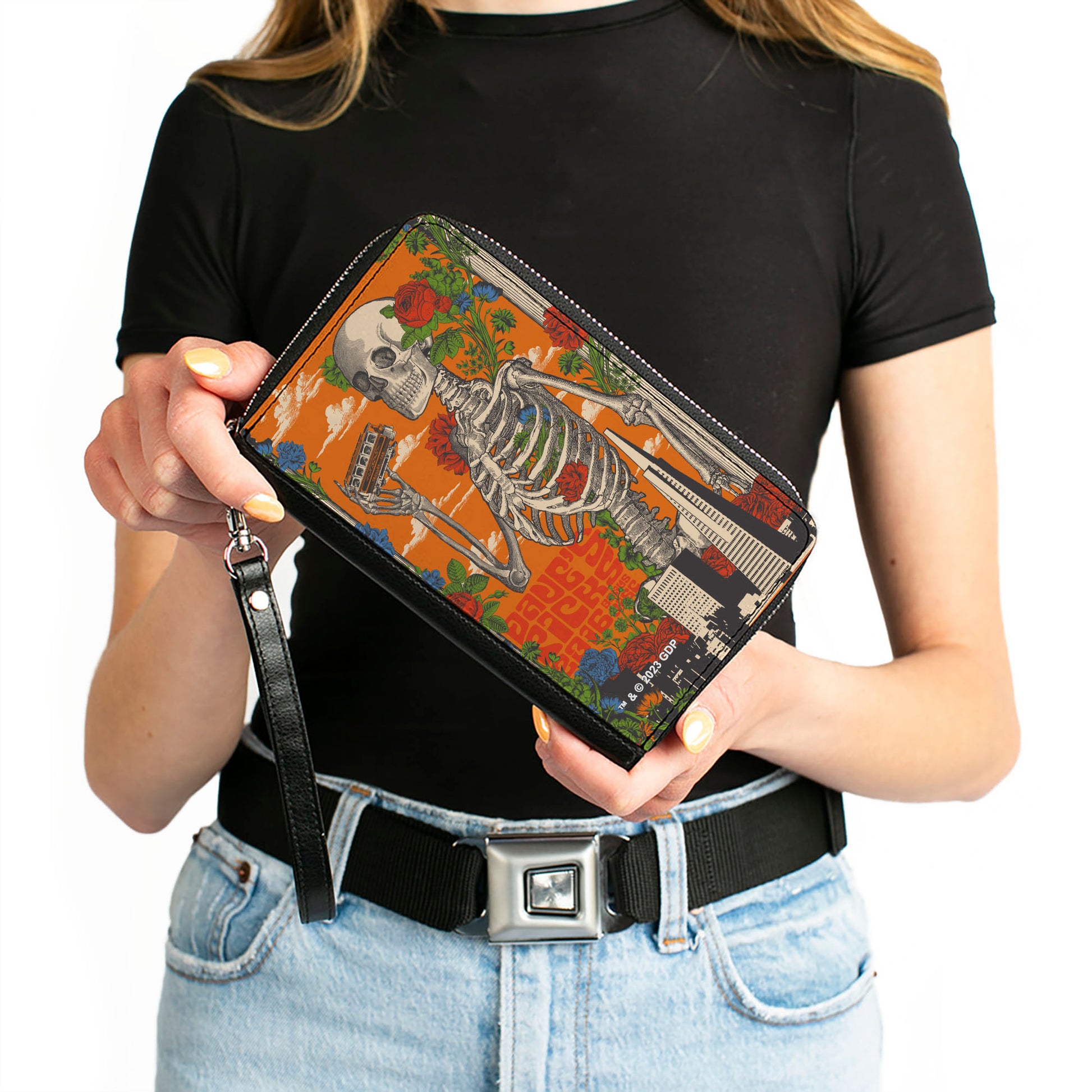 PU Zip Around Wallet Rectangle - Grateful Dead Dave's Picks Skull and Roses Cover Orange Clutch Zip Around Wallets Grateful Dead   
