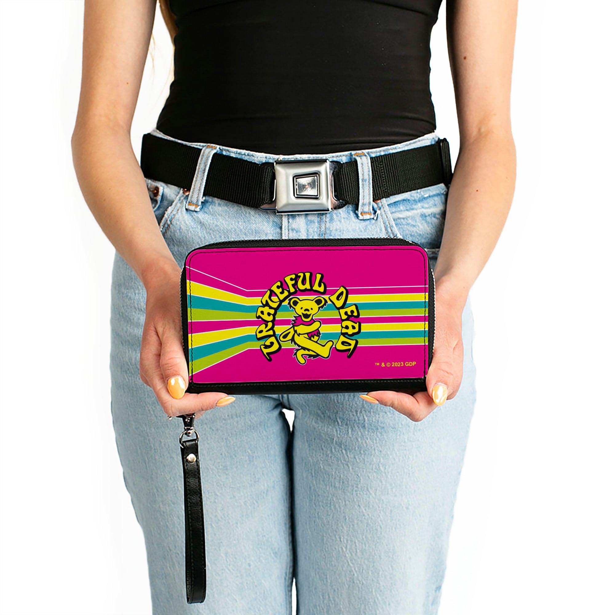 PU Zip Around Wallet Rectangle - GRATEFUL DEAD Dancing Bear Icon Stripe Pink/Multi Color/Black Clutch Zip Around Wallets Grateful Dead   