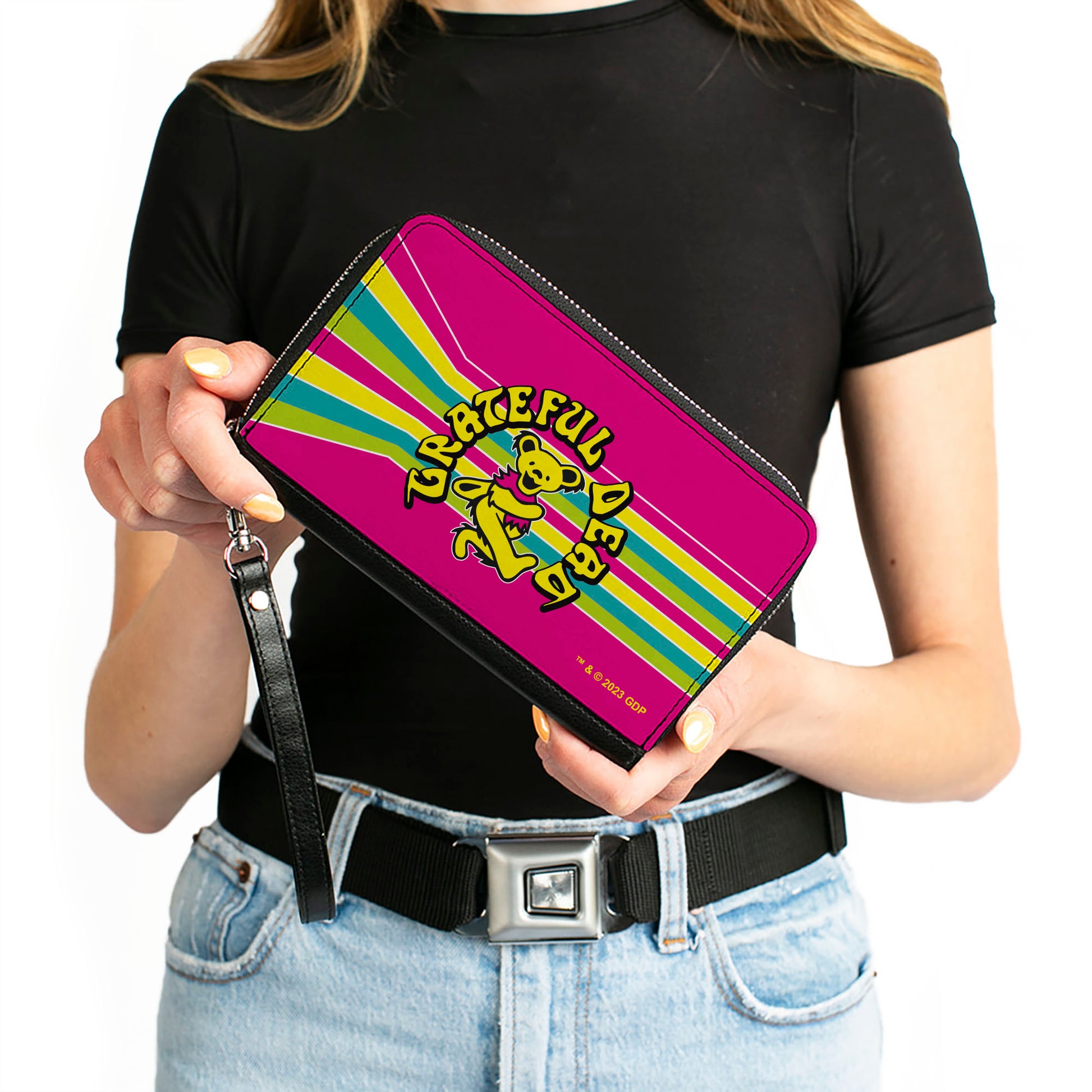 PU Zip Around Wallet Rectangle - GRATEFUL DEAD Dancing Bear Icon Stripe Pink/Multi Color/Black Clutch Zip Around Wallets Grateful Dead   