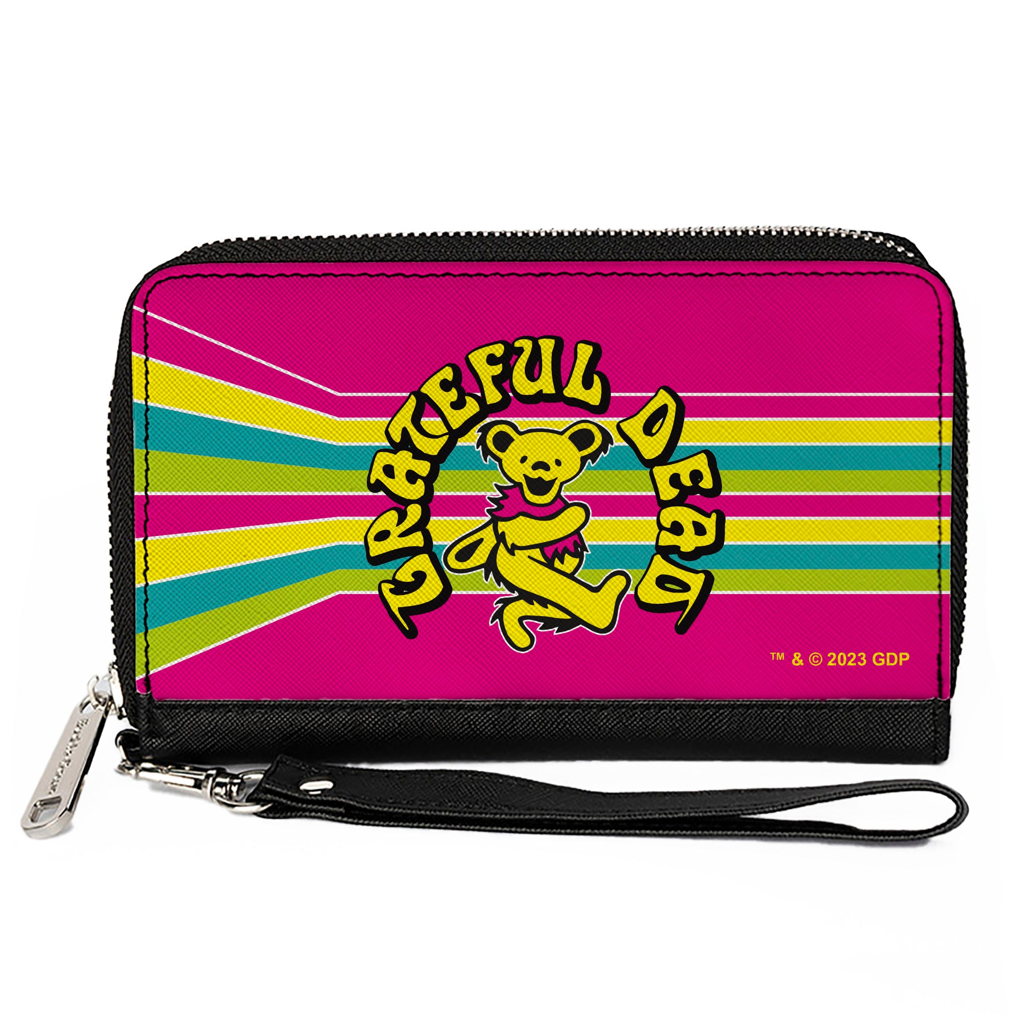 PU Zip Around Wallet Rectangle - GRATEFUL DEAD Dancing Bear Icon Stripe Pink/Multi Color/Black Clutch Zip Around Wallets Grateful Dead   