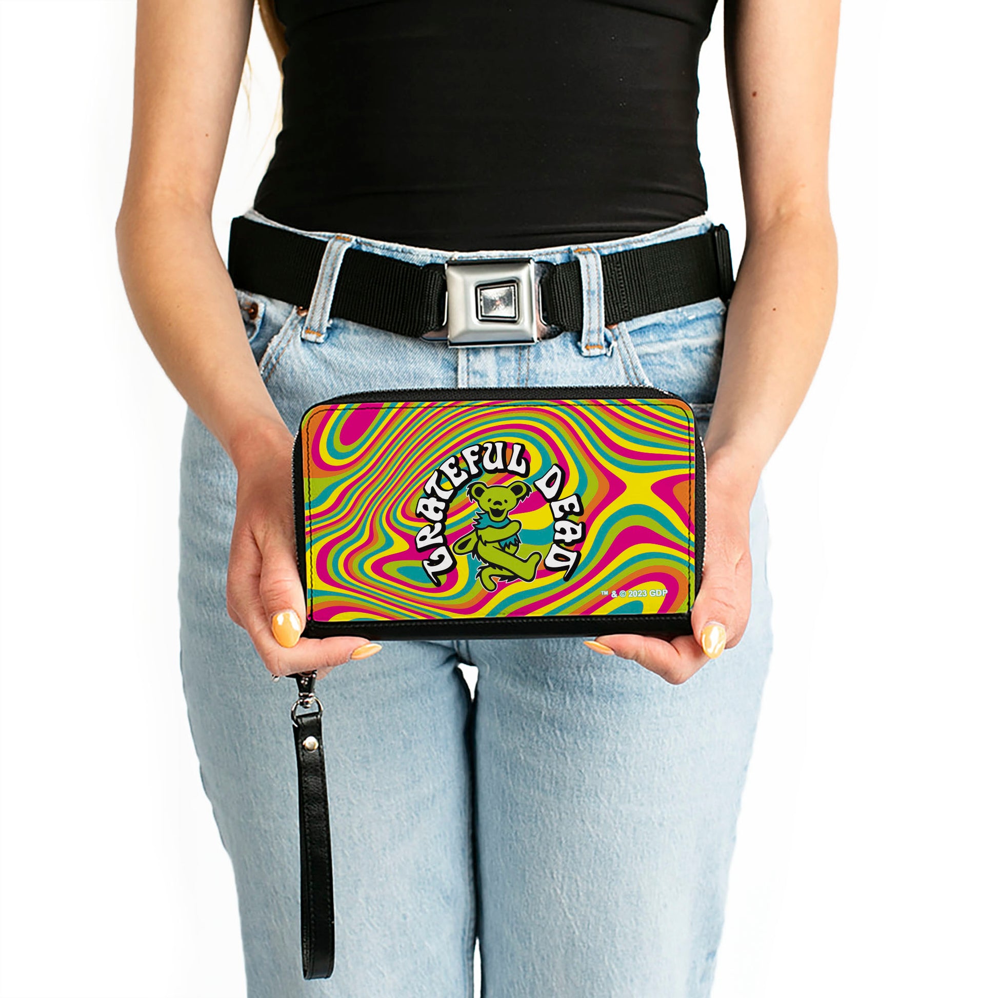 PU Zip Around Wallet Rectangle - GRATEFUL DEAD Dancing Bear Icon Swirl Multi Color/White/Black Clutch Zip Around Wallets Grateful Dead   