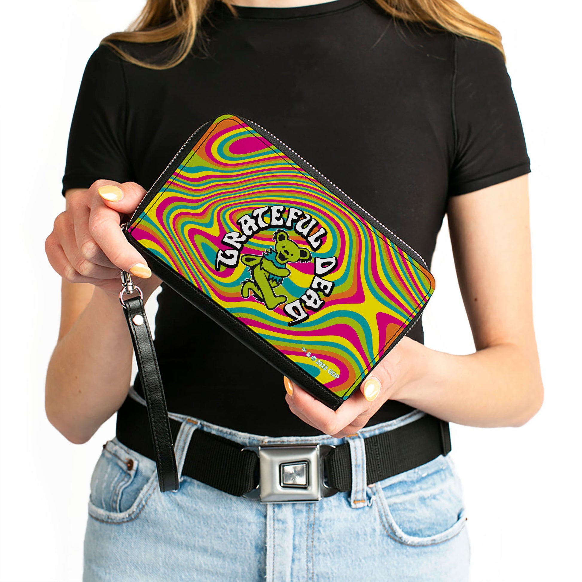 PU Zip Around Wallet Rectangle - GRATEFUL DEAD Dancing Bear Icon Swirl Multi Color/White/Black Clutch Zip Around Wallets Grateful Dead   