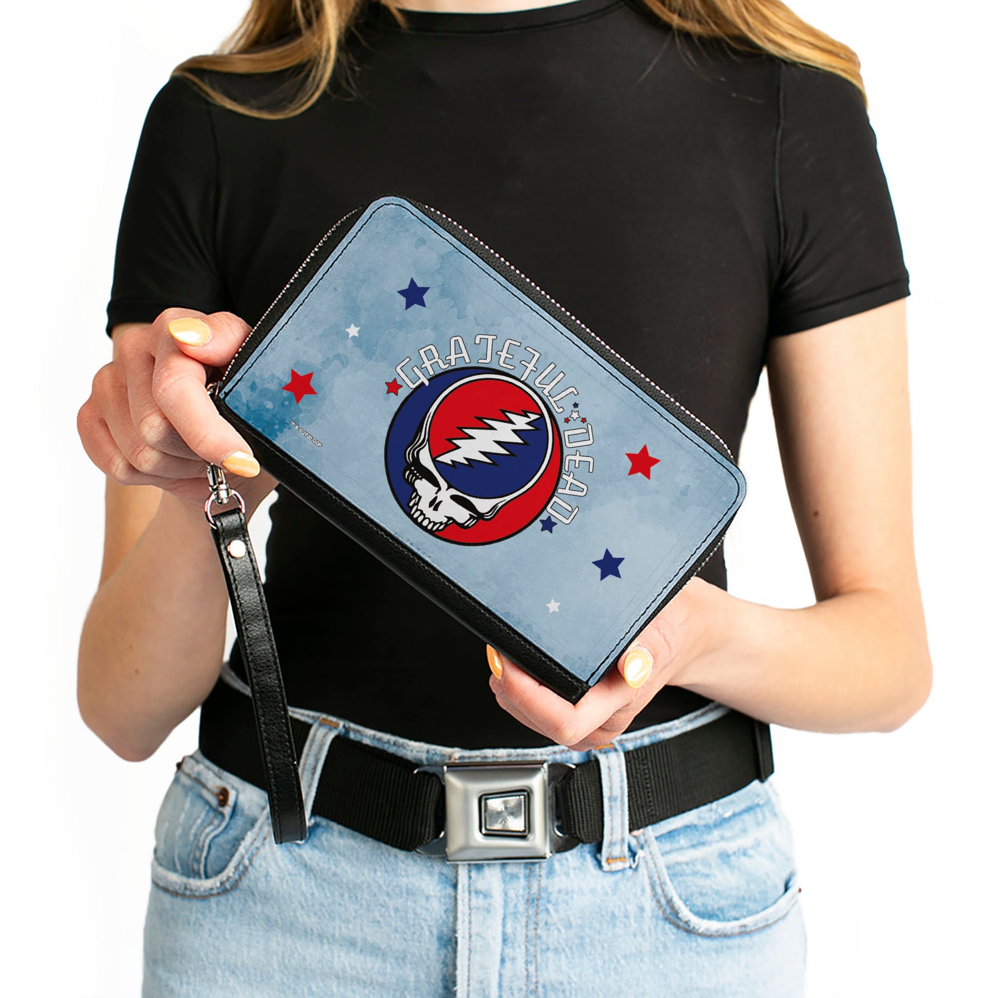 Women's PU Zip Around Wallet Rectangle - GRATEFUL DEAD Steal Your Face Logo Stars Blues White Red Clutch Zip Around Wallets Grateful Dead   