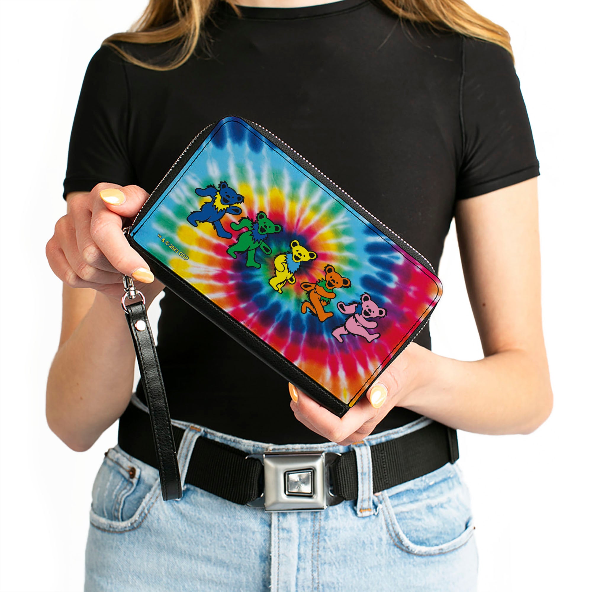 PU Zip Around Wallet Rectangle - Grateful Dead Dancing Bears Swirl Tie Dye Multi Color Clutch Zip Around Wallets Grateful Dead   
