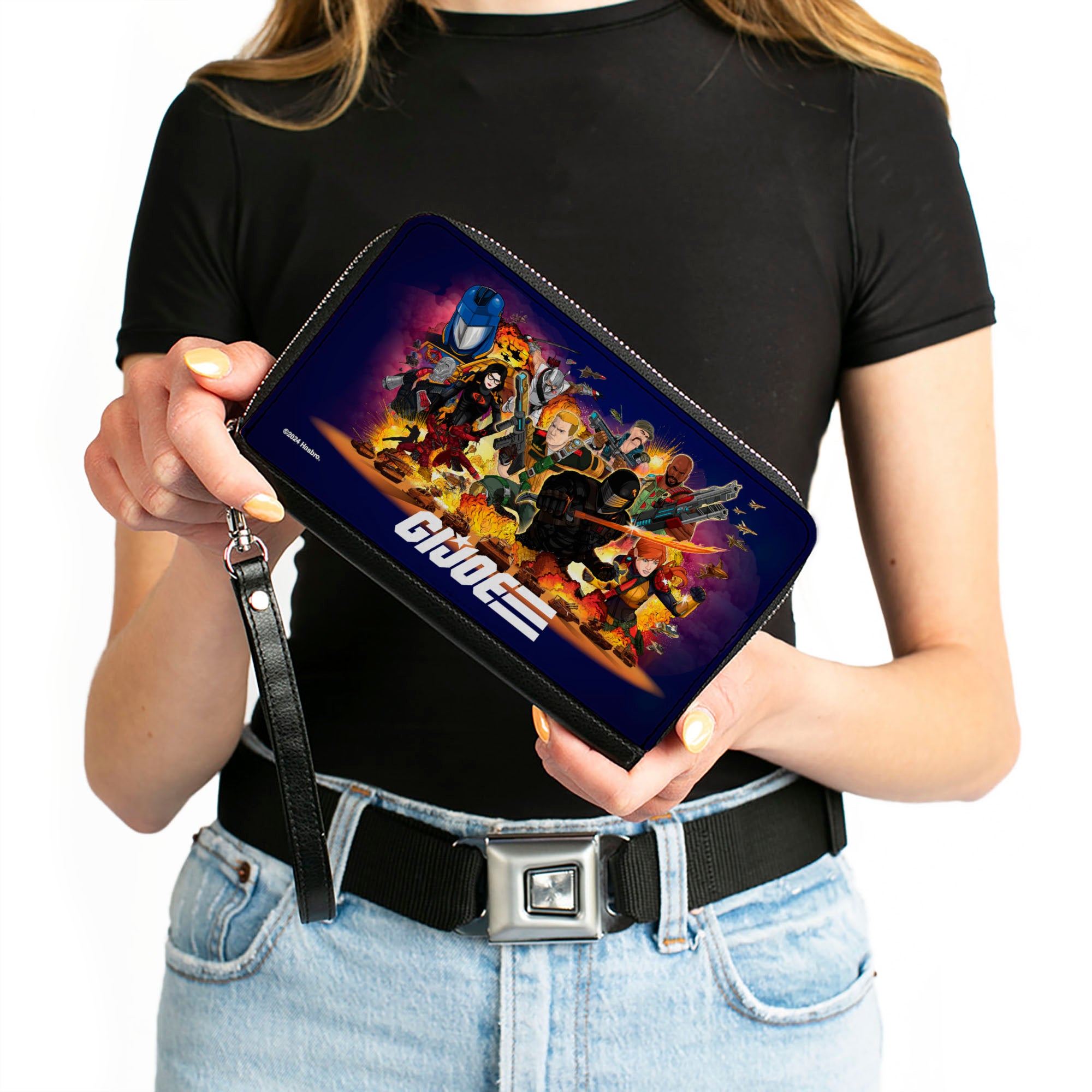 PU Zip Around Wallet Rectangle - GI Joe Universe Agents Explosion Group Pose and Logo Blue Clutch Zip Around Wallets GI Joe