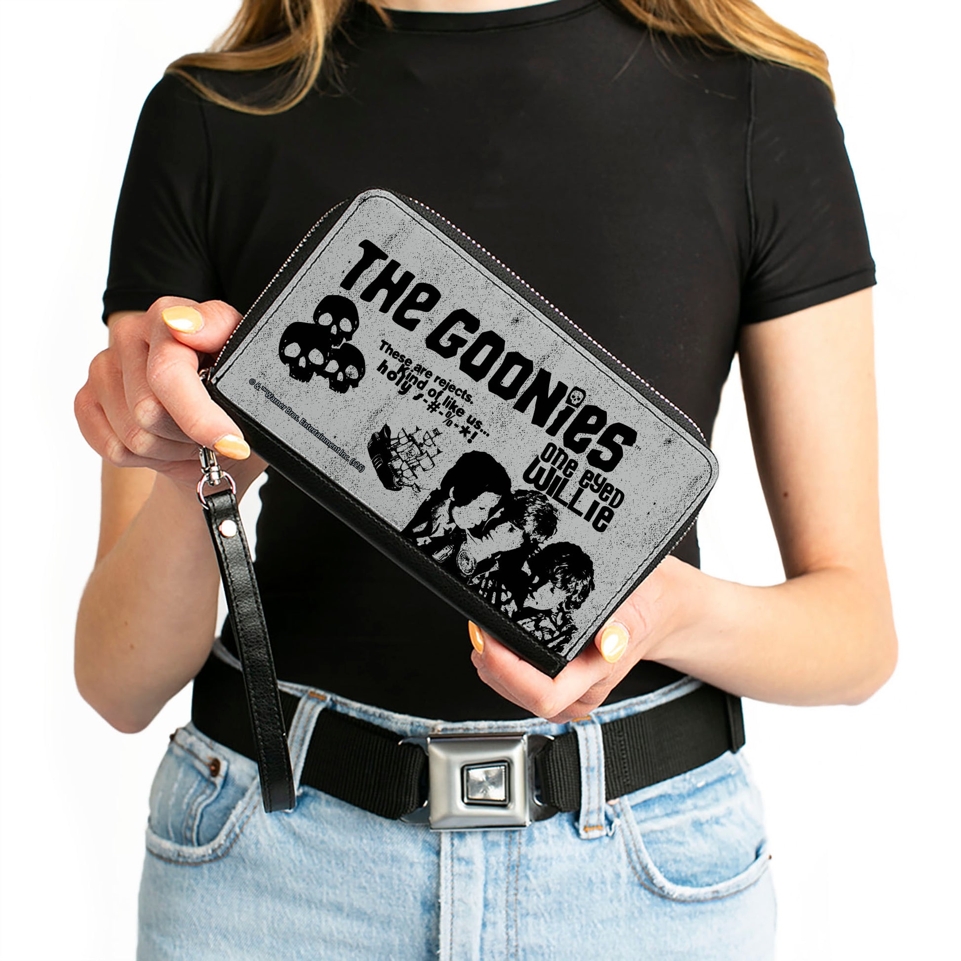 PU Zip Around Wallet Rectangle - THE GOONIES Characters Quotes and Icons Collage Gray/Black Clutch Zip Around Wallets The Goonies