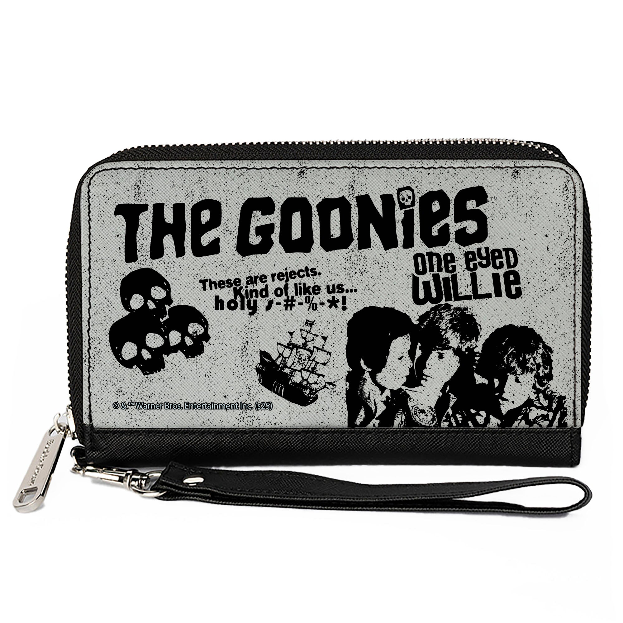 PU Zip Around Wallet Rectangle - THE GOONIES Characters Quotes and Icons Collage Gray/Black Clutch Zip Around Wallets The Goonies