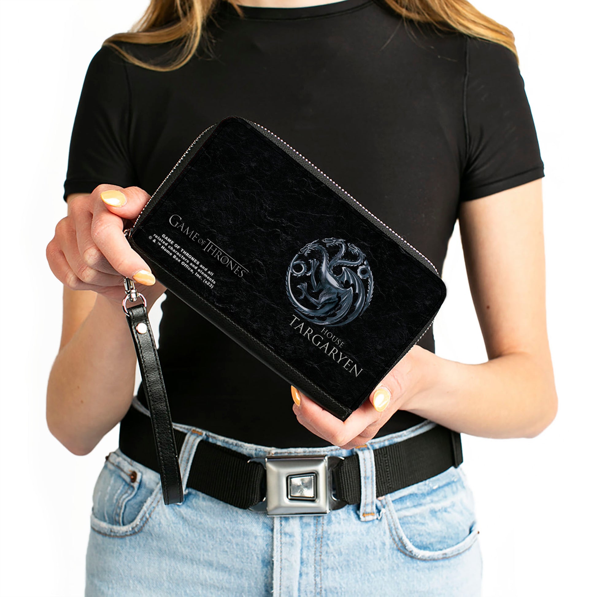PU Zip Around Wallet Rectangle - GAME OF THRONES HOUSE TARGARYEN Three-Headed Dragon Sigil Black/Silvers Clutch Zip Around Wallets Game of Thrones   