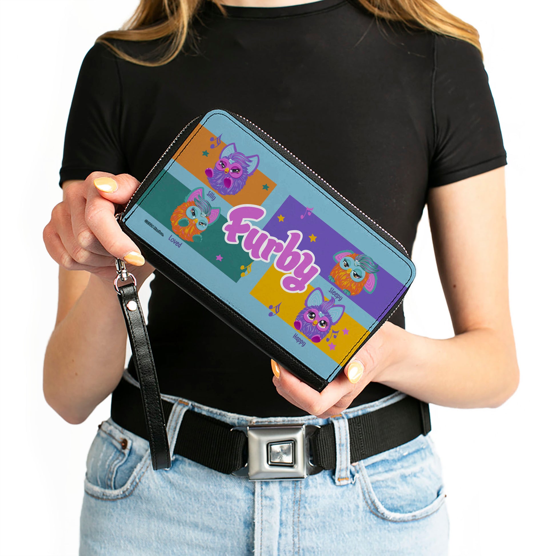 PU Zip Around Wallet Rectangle - FURBY Purple and Orange Mood Blocks and Title Logo Blue/Multi Color Clutch Zip Around Wallets Furby