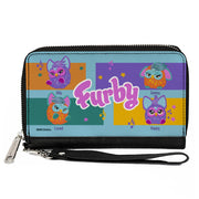 PU Zip Around Wallet Rectangle - FURBY Purple and Orange Mood Blocks and Title Logo Blue/Multi Color Clutch Zip Around Wallets Furby