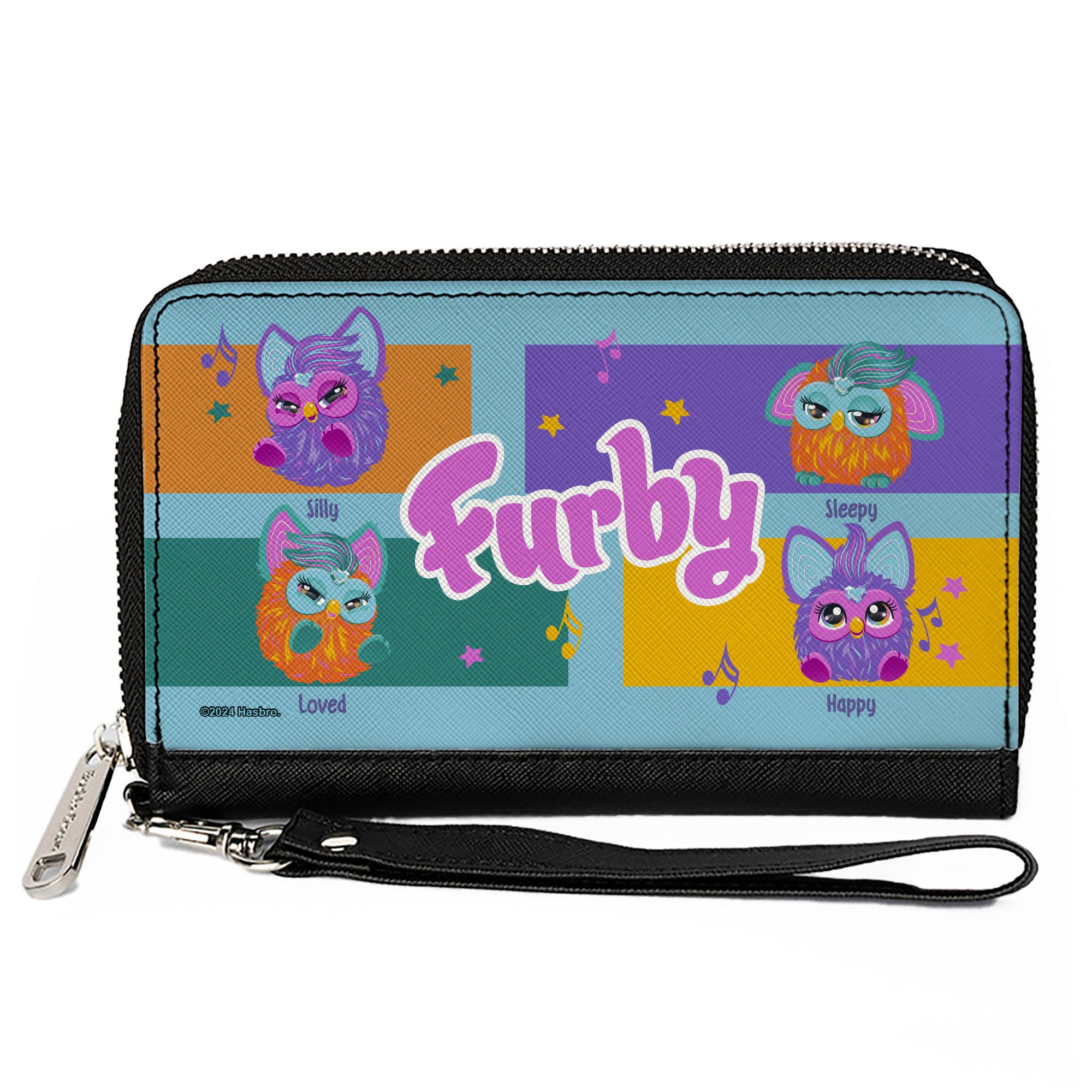 PU Zip Around Wallet Rectangle - FURBY Purple and Orange Mood Blocks and Title Logo Blue/Multi Color Clutch Zip Around Wallets Furby
