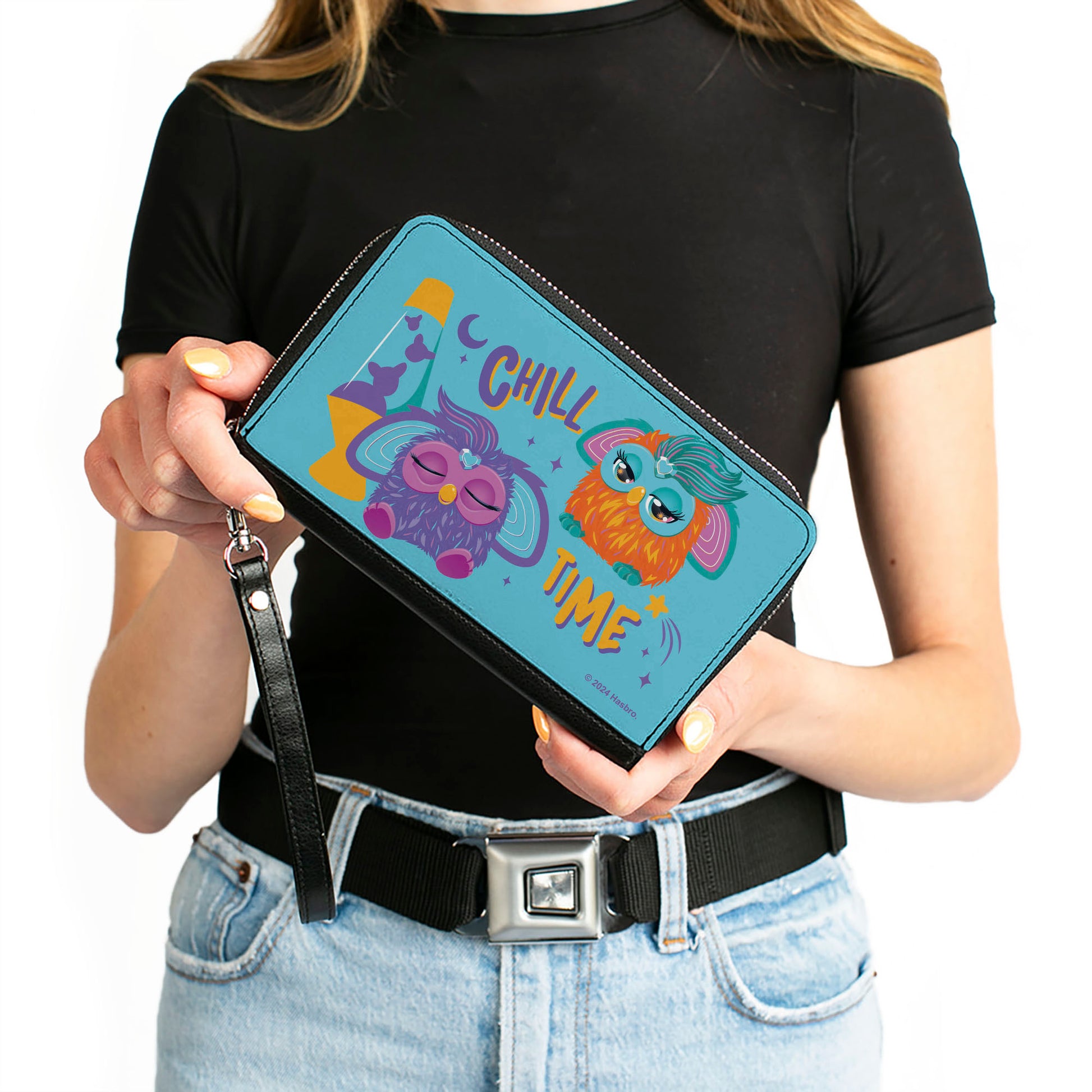 PU Zip Around Wallet Rectangle - Furby Purple and Orange Furby CHILL TIME Pose Blue/Purple Clutch Zip Around Wallets Furby