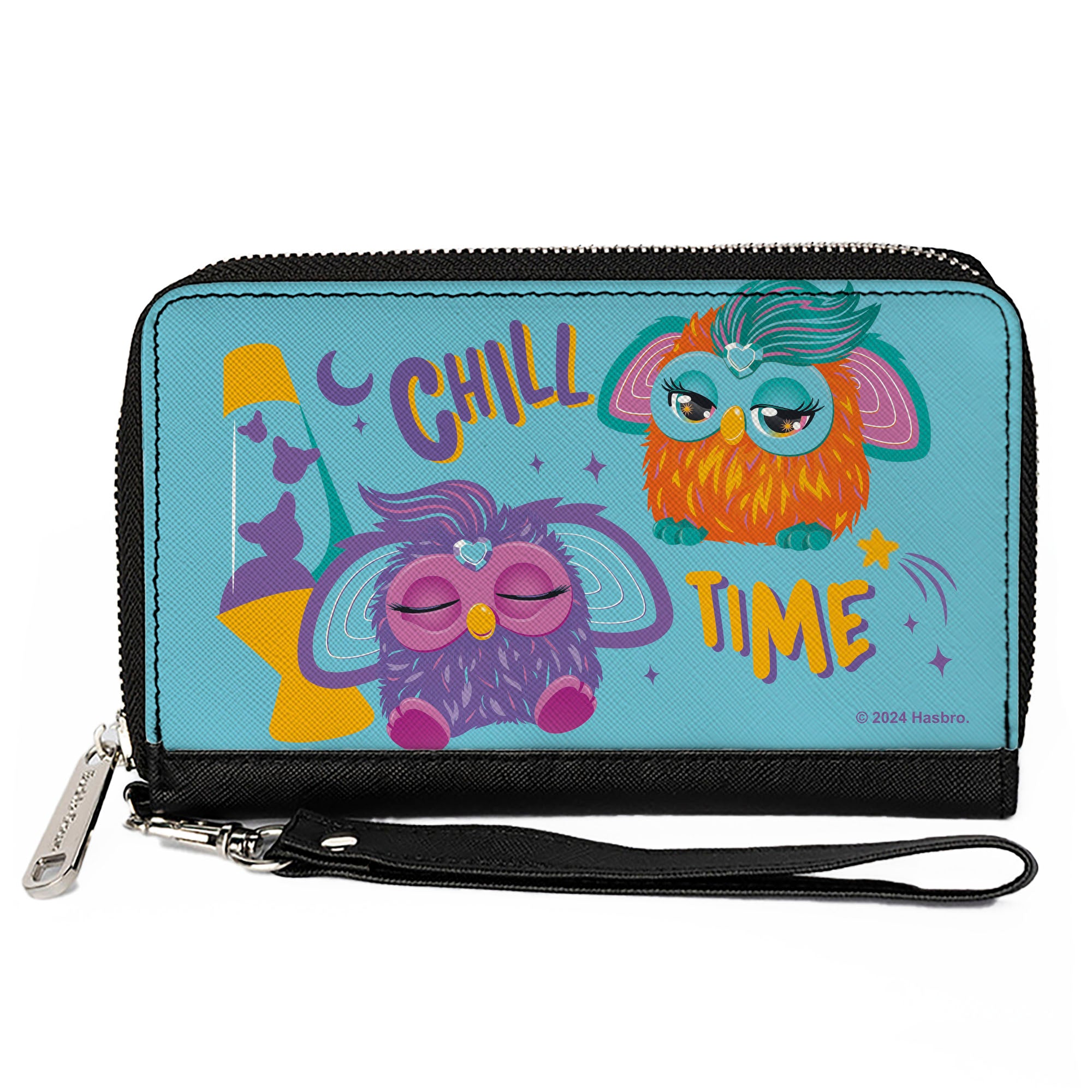 PU Zip Around Wallet Rectangle - Furby Purple and Orange Furby CHILL TIME Pose Blue/Purple Clutch Zip Around Wallets Furby