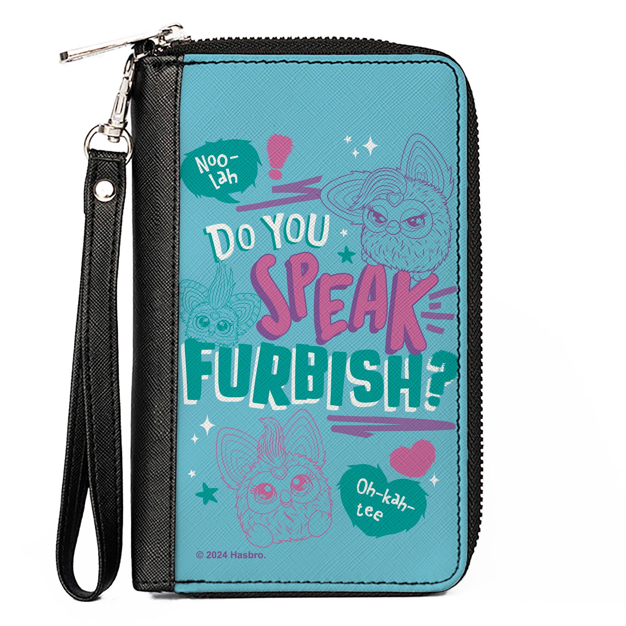 PU Zip Around Wallet Rectangle - Furby DO YOU SPEAK FURBISH Poses and Quote Blues/Purple Clutch Zip Around Wallets Furby