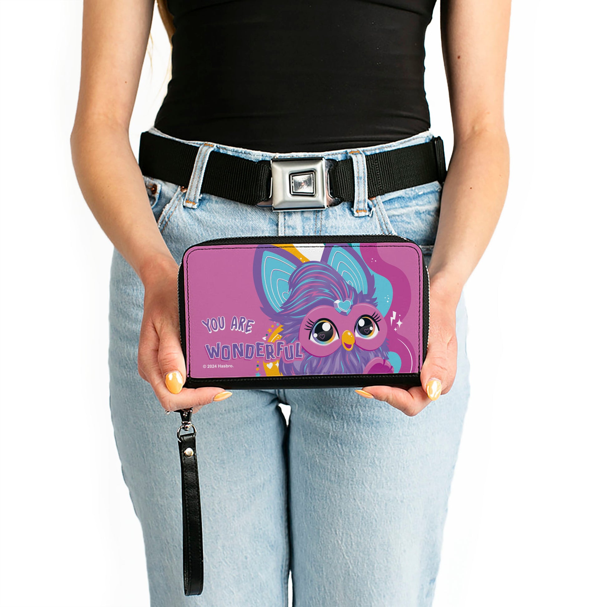 PU Zip Around Wallet Rectangle - Furby Purple Furby YOU ARE WONDERFUL Running Pose Pinks/Purples Clutch Zip Around Wallets Furby