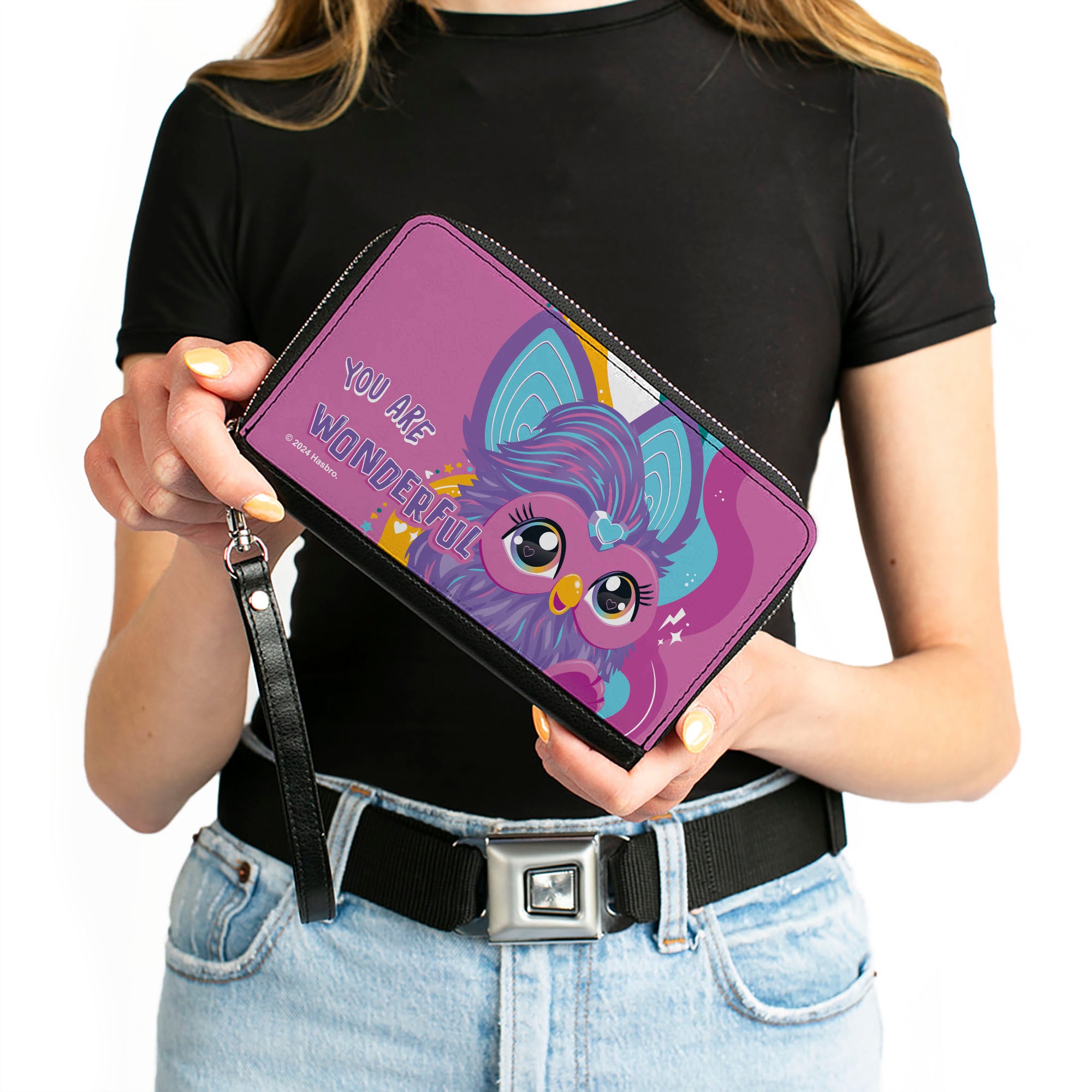 PU Zip Around Wallet Rectangle - Furby Purple Furby YOU ARE WONDERFUL Running Pose Pinks/Purples Clutch Zip Around Wallets Furby