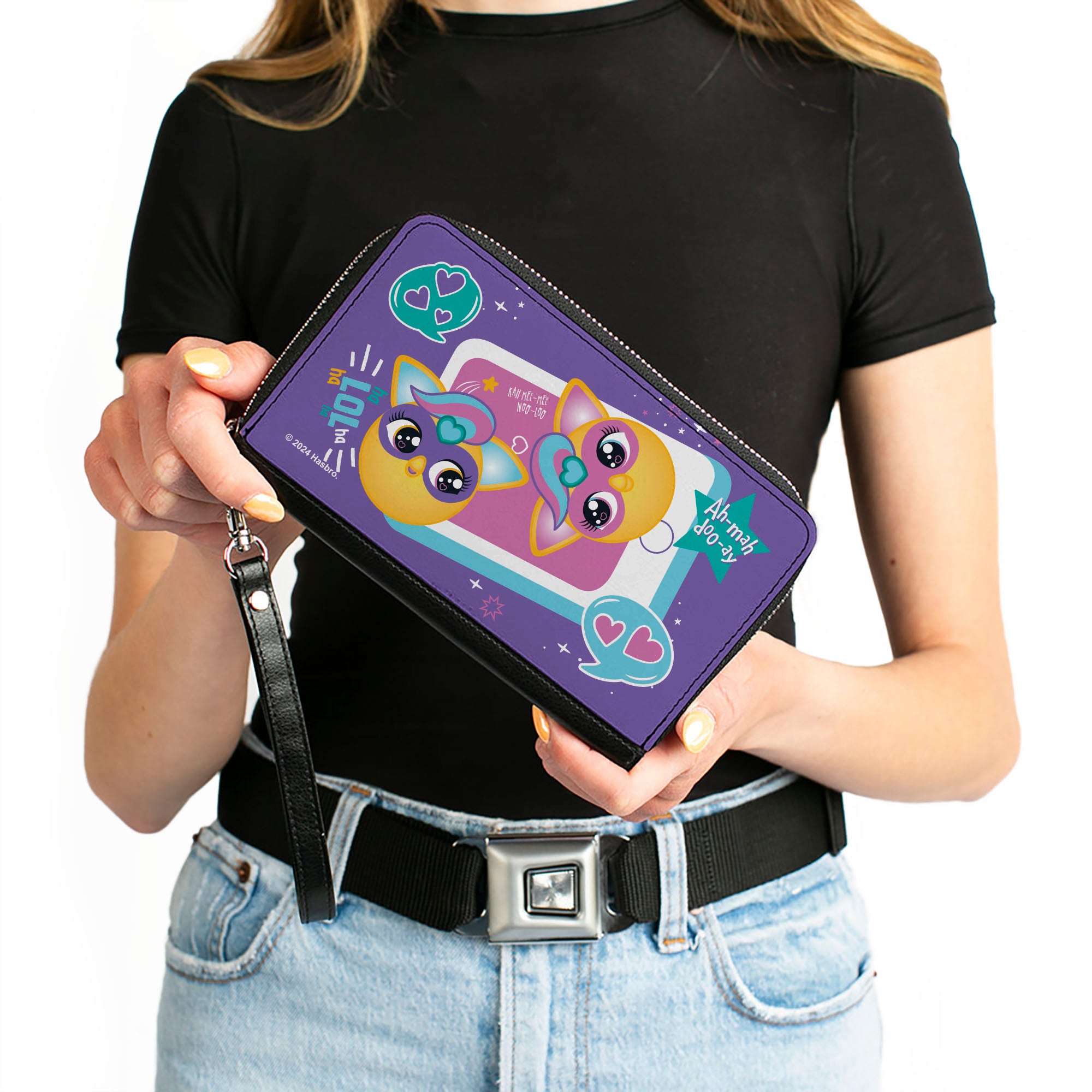 PU Zip Around Wallet Rectangle - Furby Furbmoji BFFs Pose and Quotes Purple/Multi Color Clutch Zip Around Wallets Furby