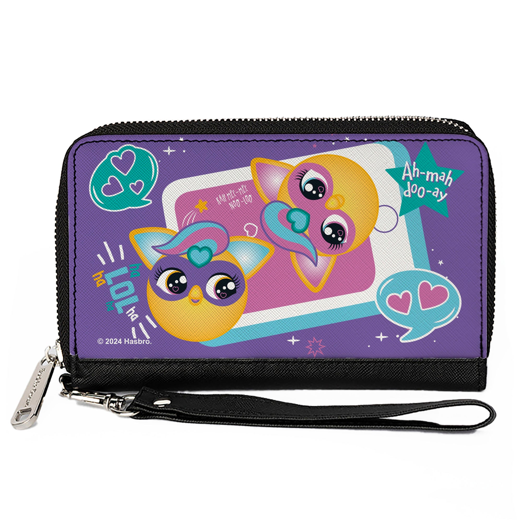 PU Zip Around Wallet Rectangle - Furby Furbmoji BFFs Pose and Quotes Purple/Multi Color Clutch Zip Around Wallets Furby
