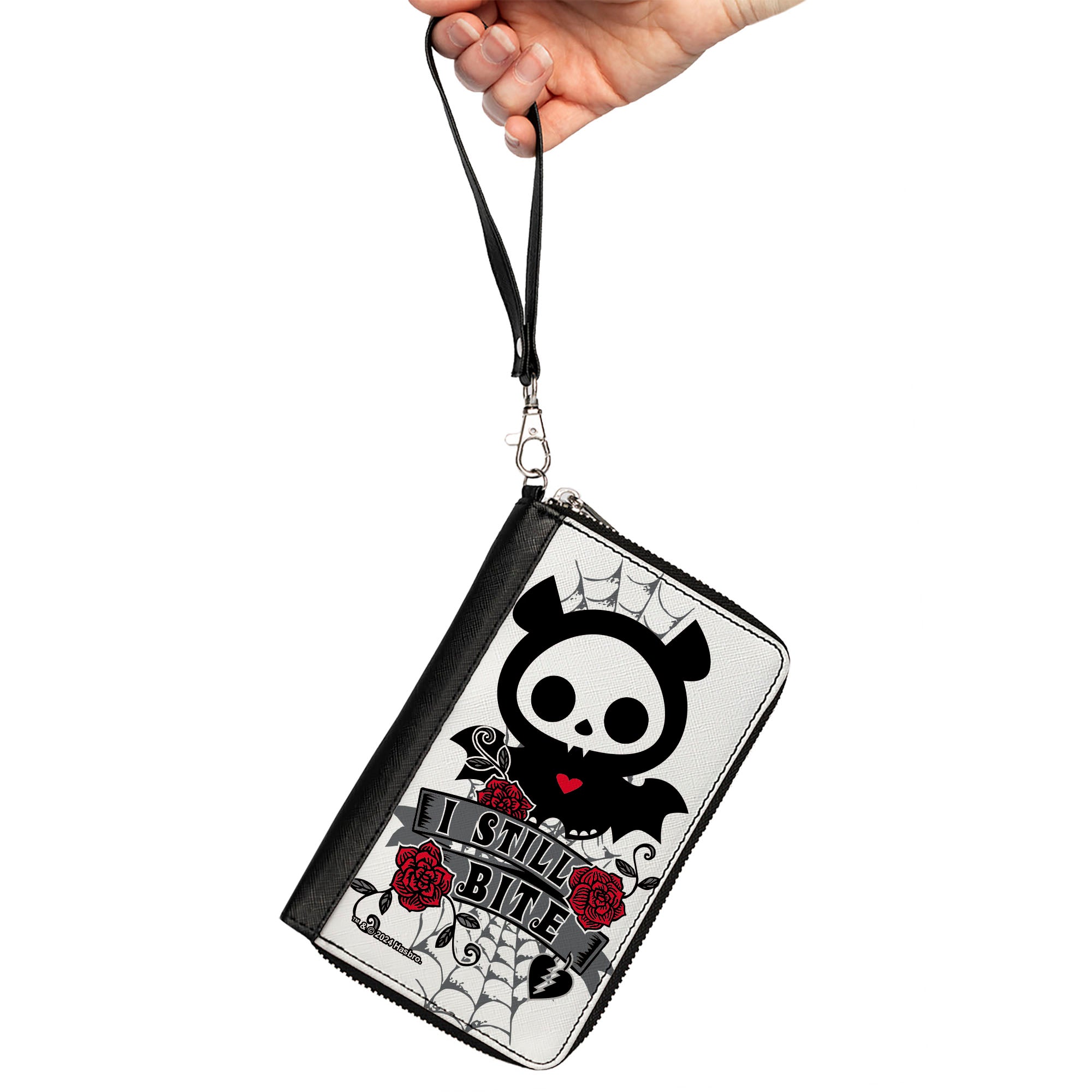 PU Zip Around Wallet Rectangle - Skelanimals Diego the Bat I STILL BITE Pose White/Gray/Black/Red Clutch Zip Around Wallets Skelanimals