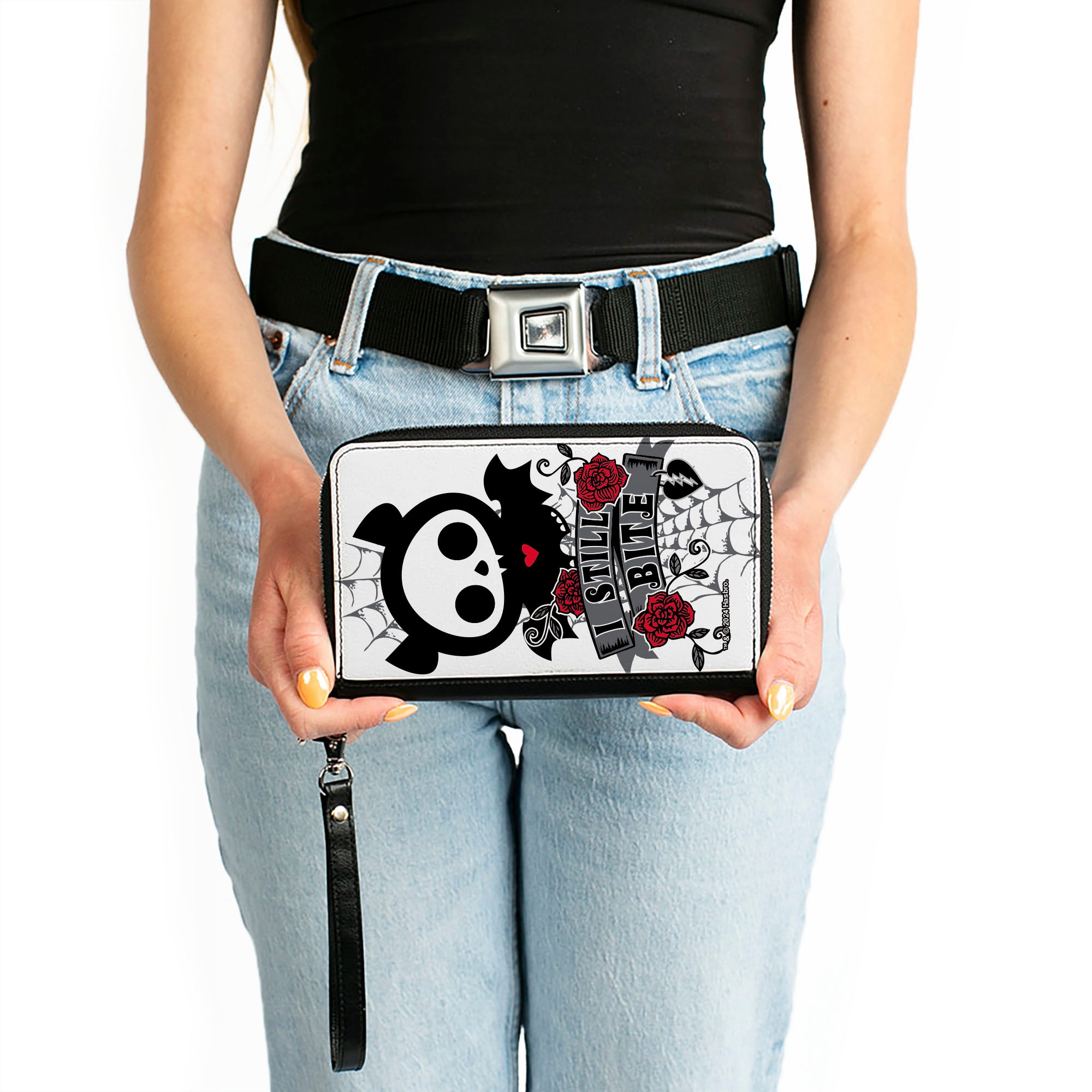 PU Zip Around Wallet Rectangle - Skelanimals Diego the Bat I STILL BITE Pose White/Gray/Black/Red Clutch Zip Around Wallets Skelanimals