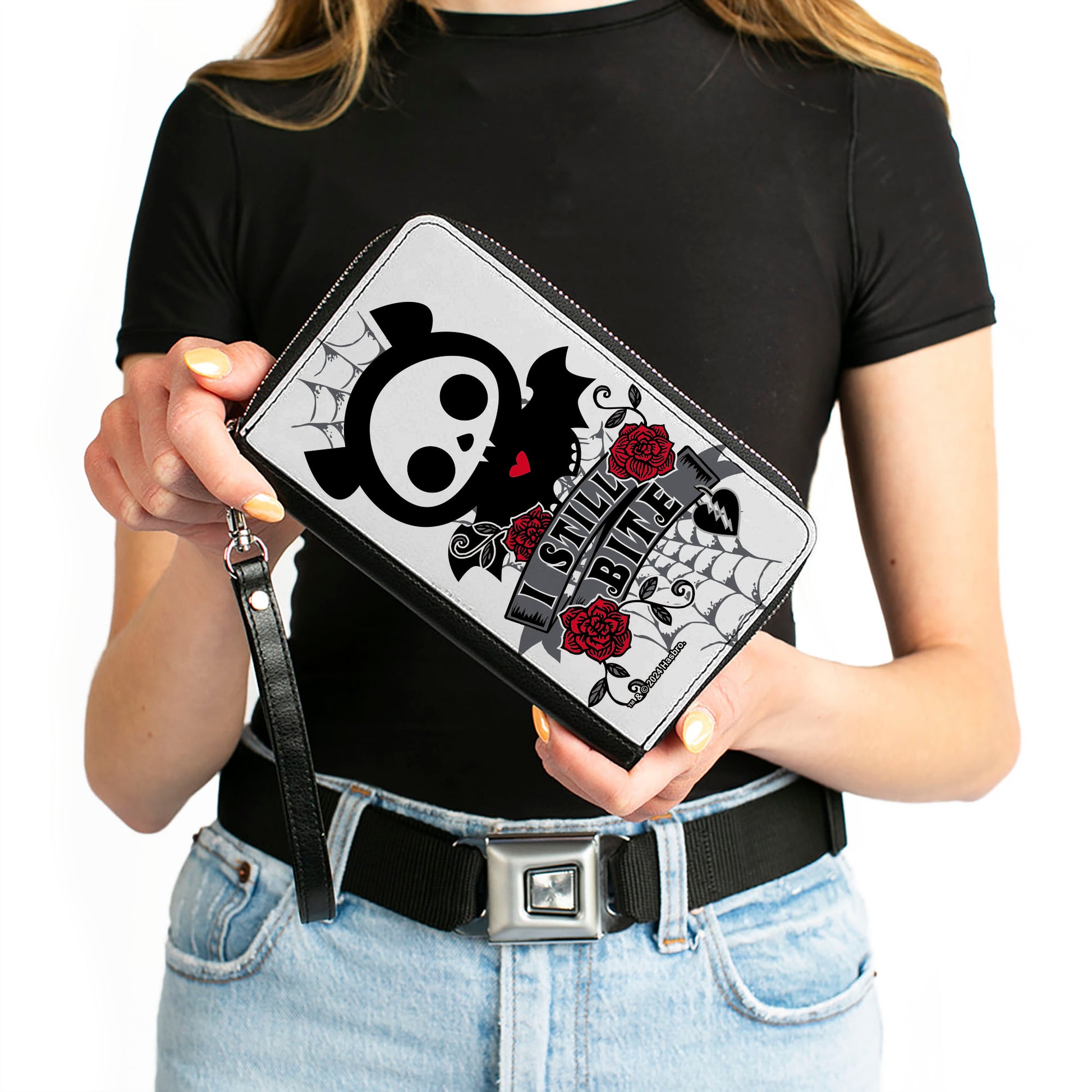 PU Zip Around Wallet Rectangle - Skelanimals Diego the Bat I STILL BITE Pose White/Gray/Black/Red Clutch Zip Around Wallets Skelanimals