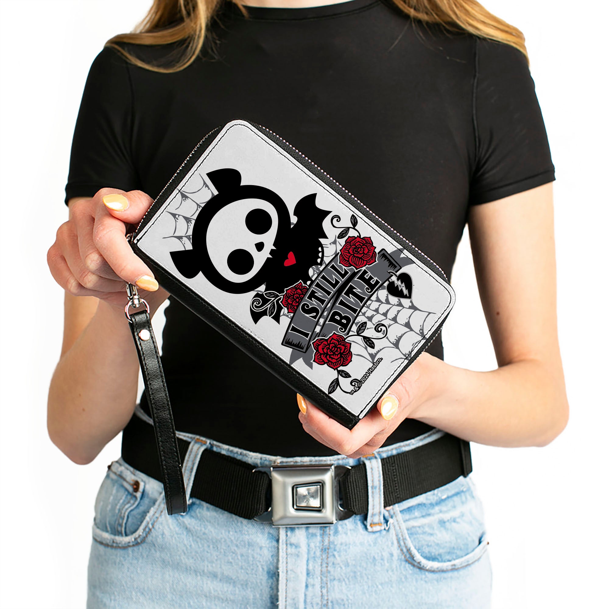 PU Zip Around Wallet Rectangle - Skelanimals Diego the Bat I STILL BITE Pose White/Gray/Black/Red Clutch Zip Around Wallets Skelanimals