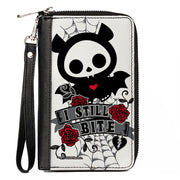 PU Zip Around Wallet Rectangle - Skelanimals Diego the Bat I STILL BITE Pose White/Gray/Black/Red Clutch Zip Around Wallets Skelanimals