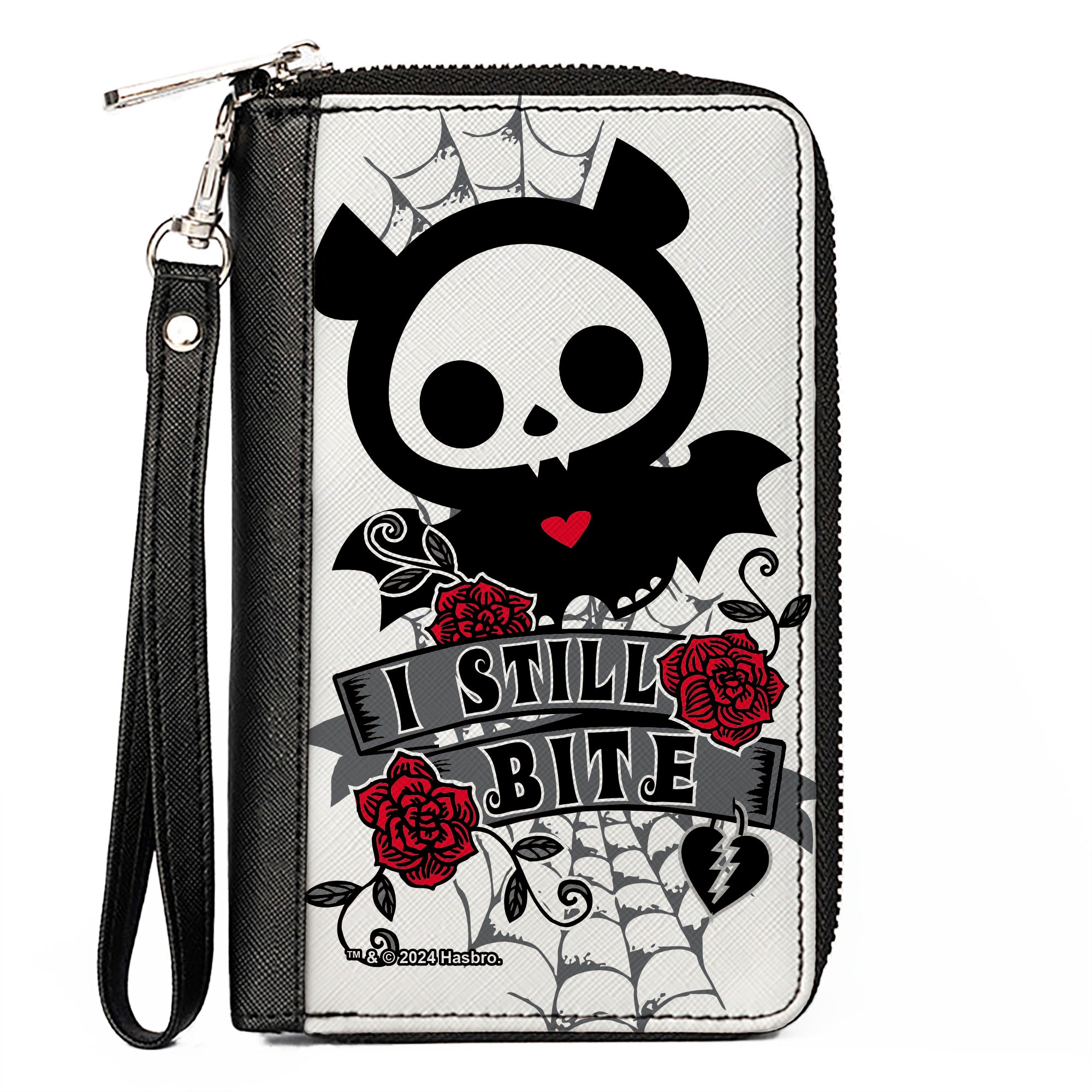 PU Zip Around Wallet Rectangle - Skelanimals Diego the Bat I STILL BITE Pose White/Gray/Black/Red Clutch Zip Around Wallets Skelanimals