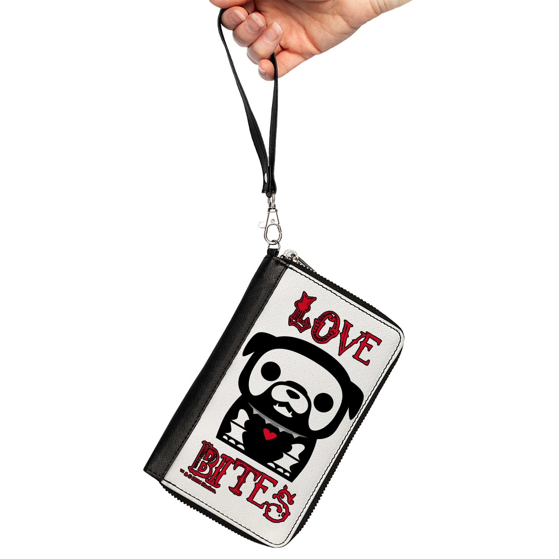 PU Zip Around Wallet Rectangle - Skelanimals Maxx the Bulldog LOVE BITES Pose White/Black/Red Clutch Zip Around Wallets Skelanimals